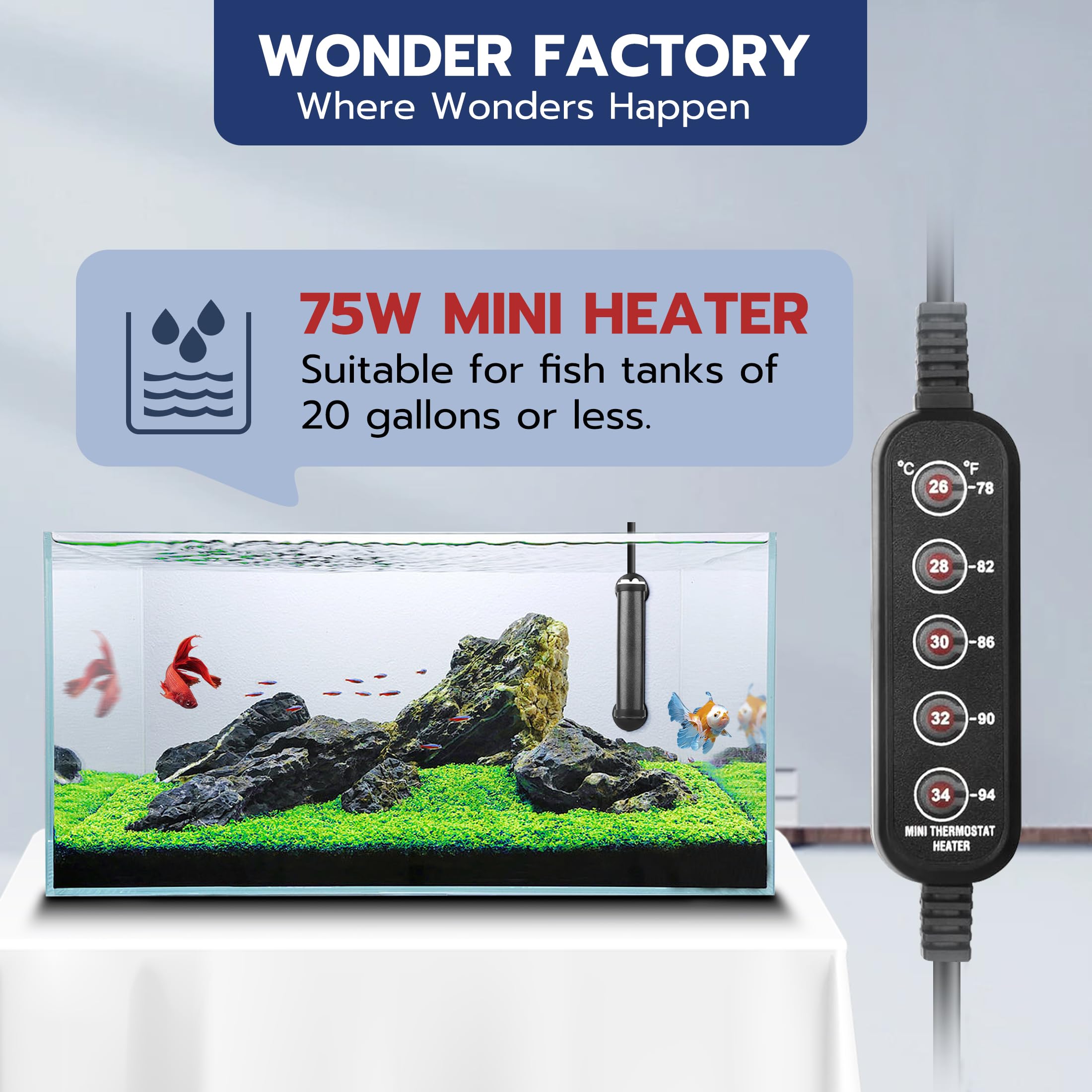 Wonderfactory 75W Aquarium Heater, 5 Temperature Modes for 5-15 Gallon Betta Fish Tank Heater, 78F Mini Submersible 5 Buttons Te