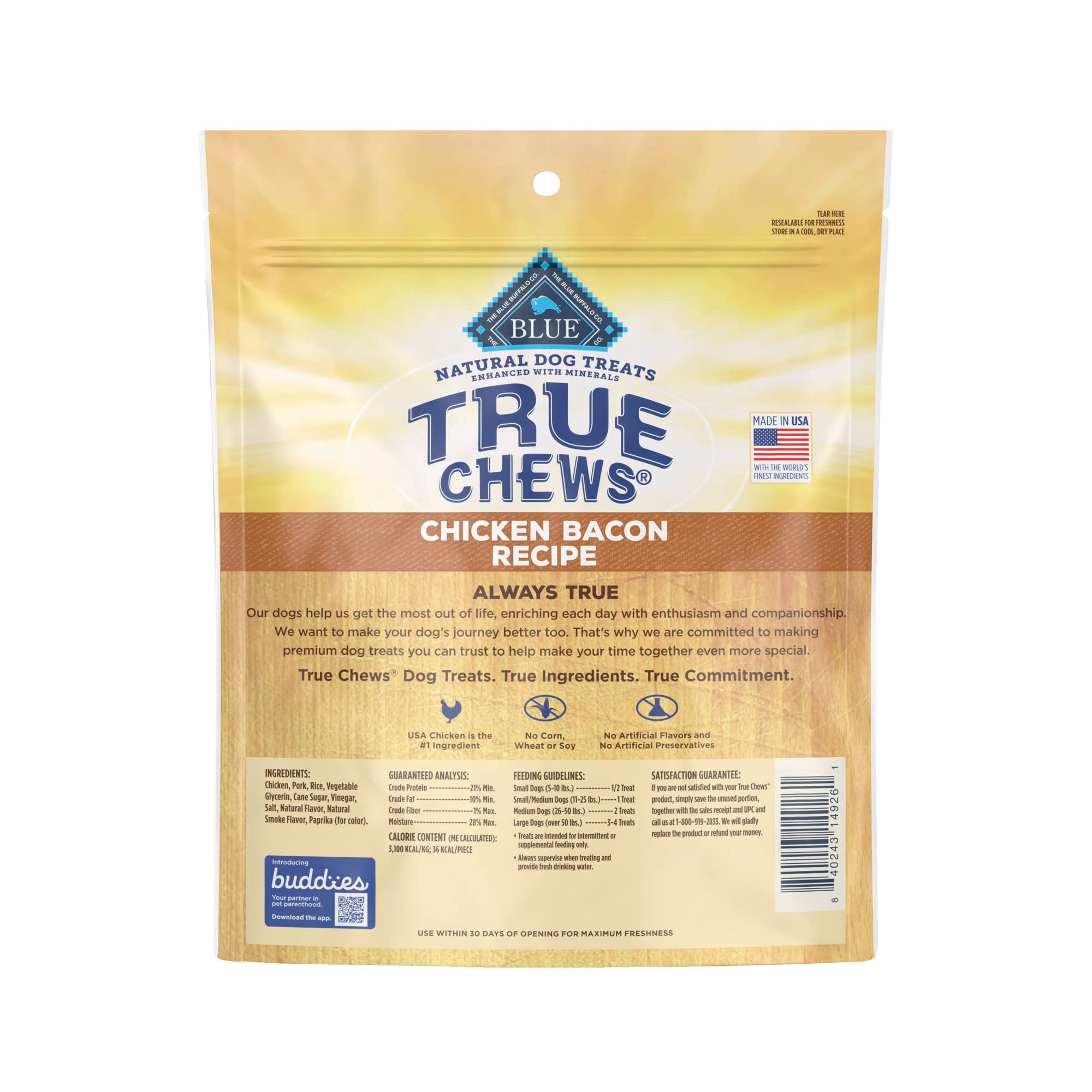 Blue Buffalo True Chews Dog Treats, Made in the USA with Natural Ingredients, Chicken Bacon Recipe, 12-oz Bag