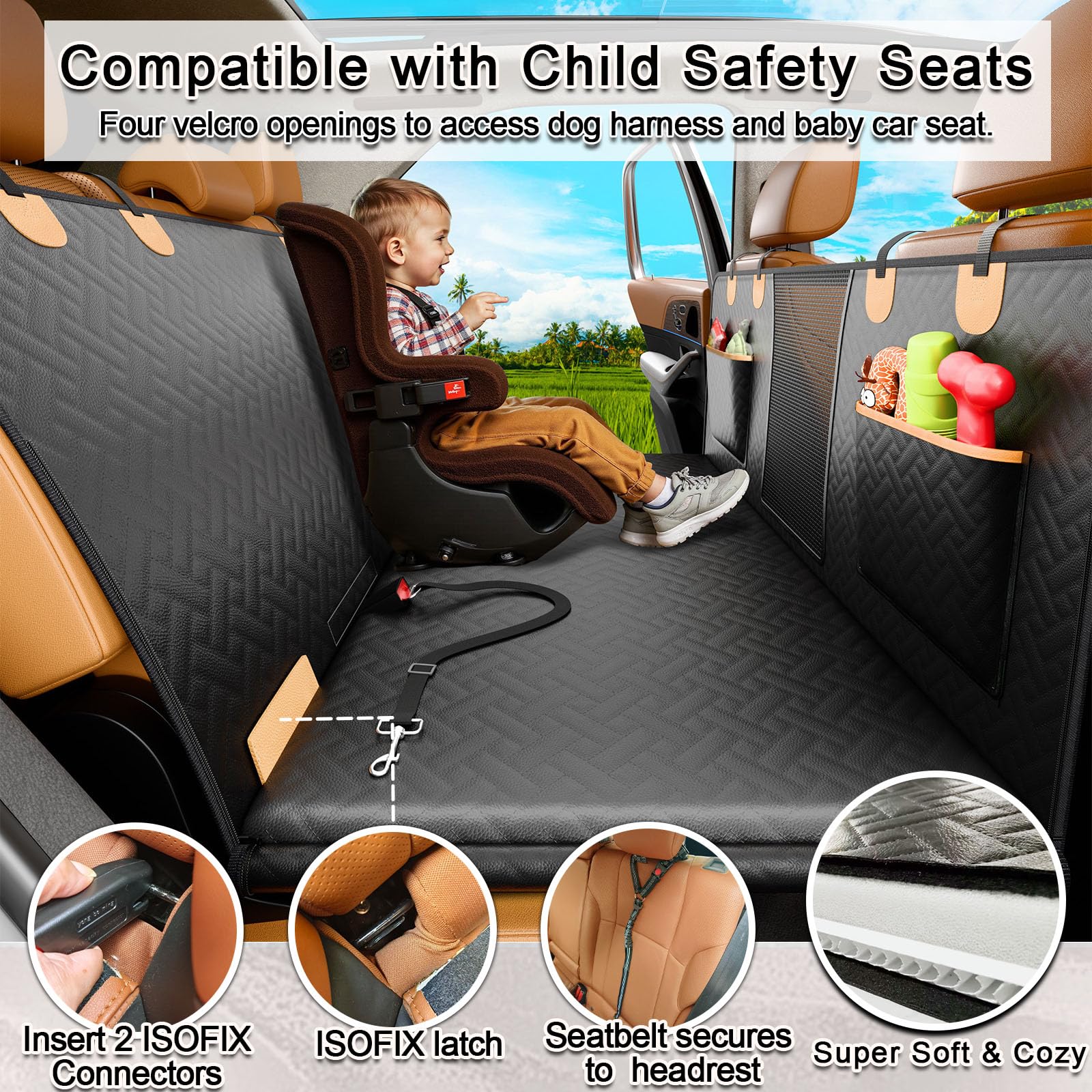 Rincus Anti Slip Pu Leather Rigid Dog Car Seat Cover With Baby Car Seat,Structured Back Seat Extender For Dogs Hard Bottom Holds