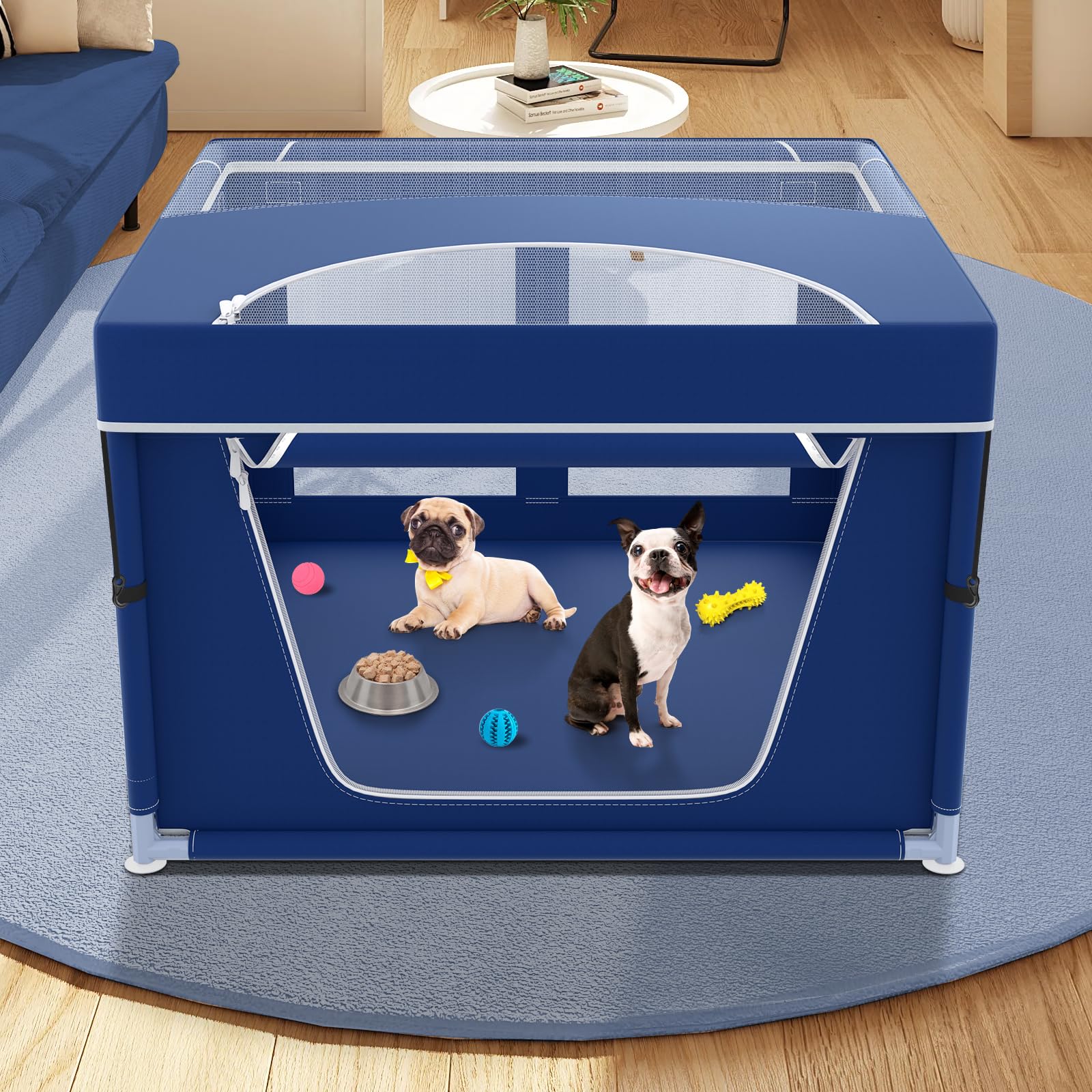 Xvishx 42X42X26 Inches Blue Puppy Playpen With Top Cover, Dog Playpen For Small Dogs, Sturdy Safety Dog Pen With Thickened Fabri