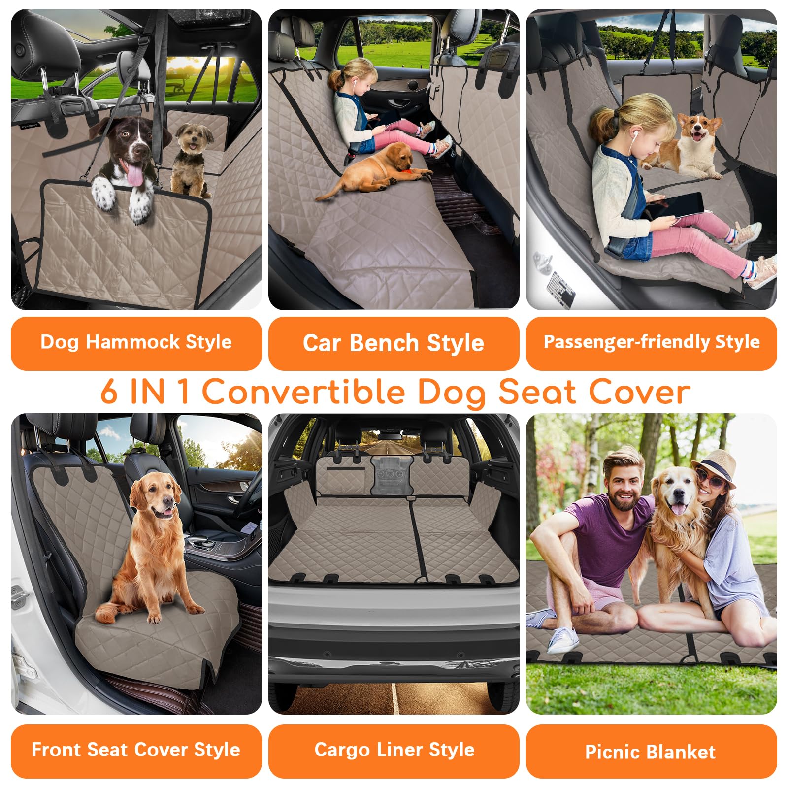 Urpower 6 In 1 Dog Car Seat Cover, 60/40 Split Dog Seat Cover For Back Seat 100% Waterproof Dog Car Hammock Nonslip Backseat Dog