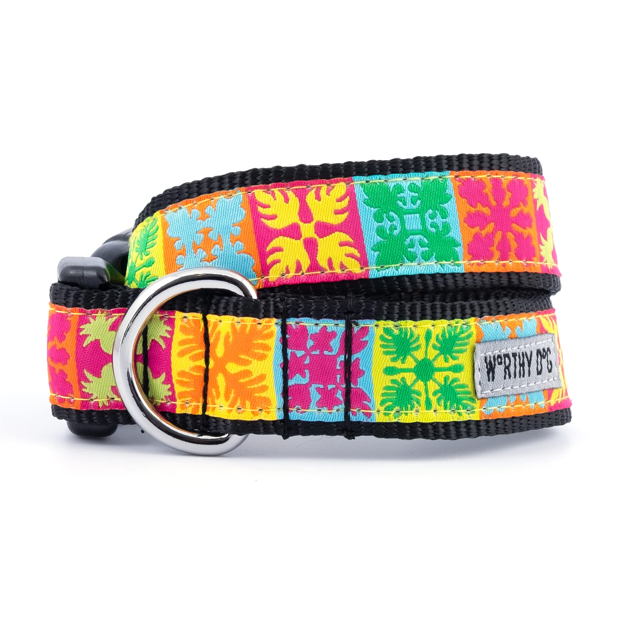 The Worthy Dog Hawaiian Patchwork Dog Collar, Nylon Adjustable Pet Collar, Strong Quick Release Buckle, Multicolor - Medium