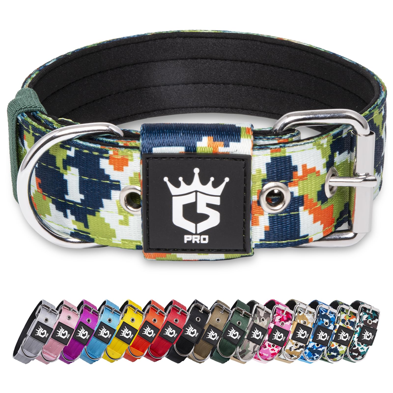 Tspro Tactical Dog Collar, 1.5 Inch Wide, Camo Green, Polyester, Heavy Duty Metal Buckle, Size S