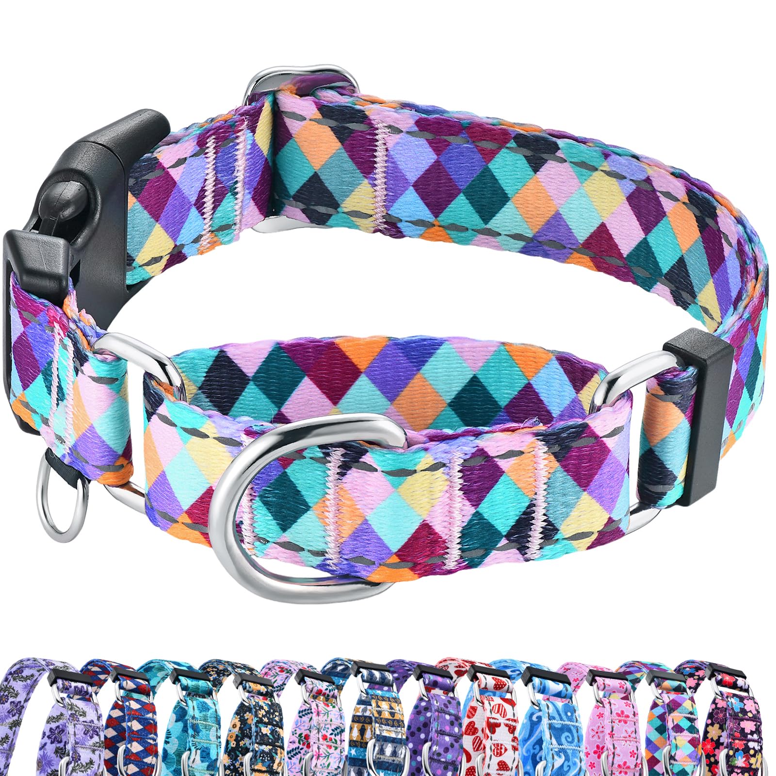 Fidohug Reflective Martingale Collar For Dogs With Quick Release Buckle No Pull Training Dog Collars (Colorful Geometric, Large)