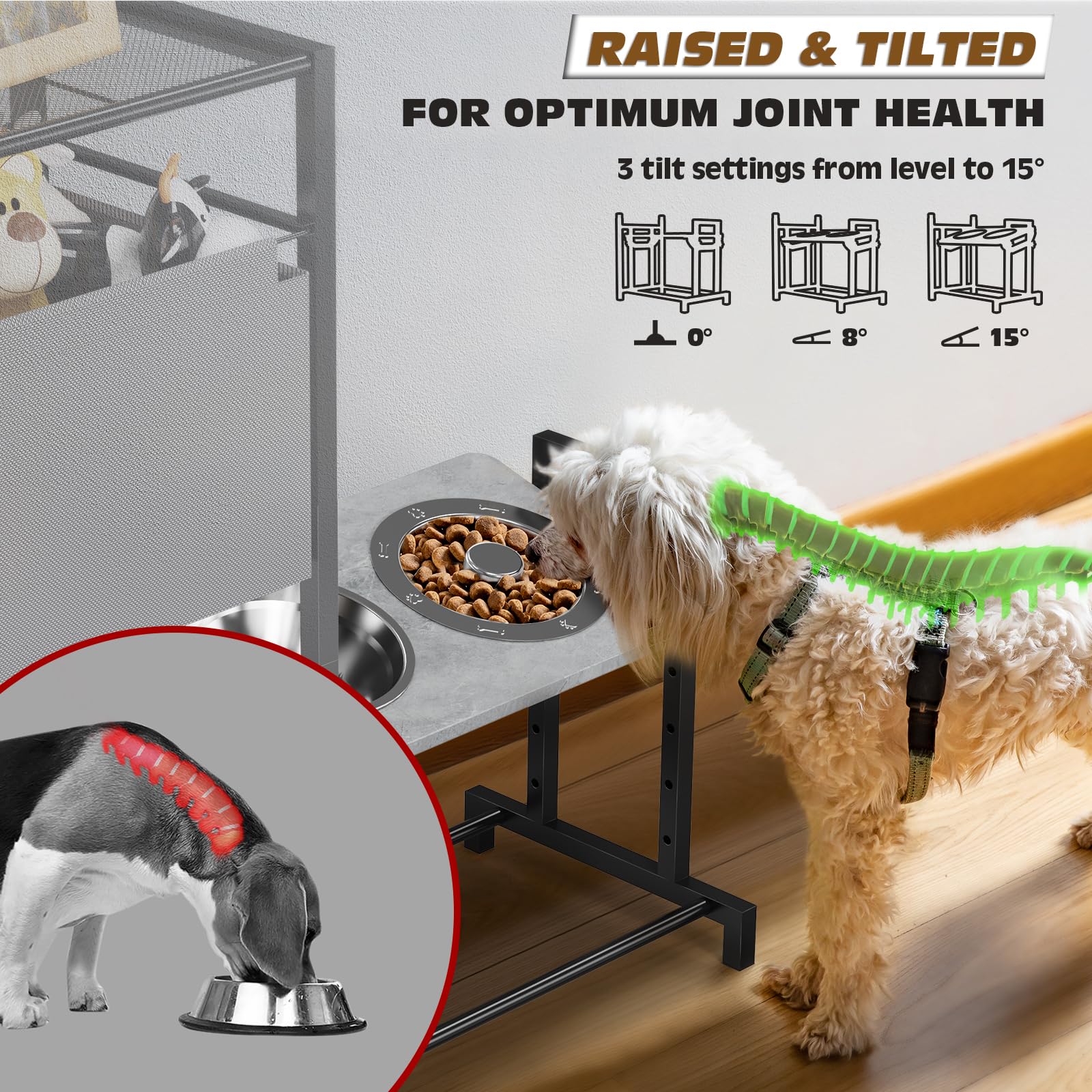 Guibukeyan Elevated Dog Bowls Stand With Pet Storage Organizer, Adjustable Feeding Station Cabinet With Toy Basket For Large, Me