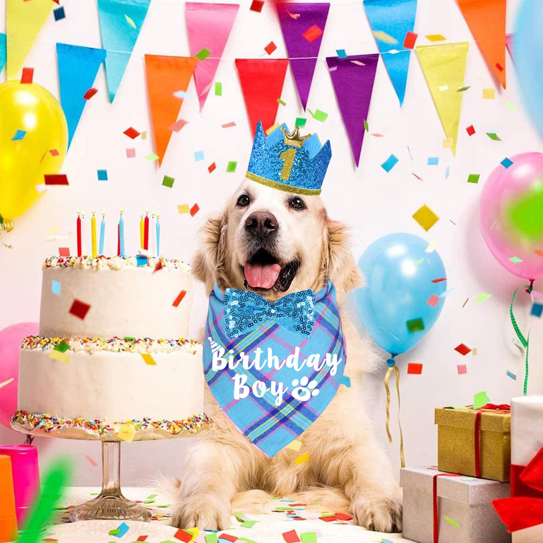 JOTFA Dog Birthday Party Supplies, Multi Sizes Dog Birthday Bandana Boy Dog Birthday Hat Crown with Birthday Numbers Bow Tie for