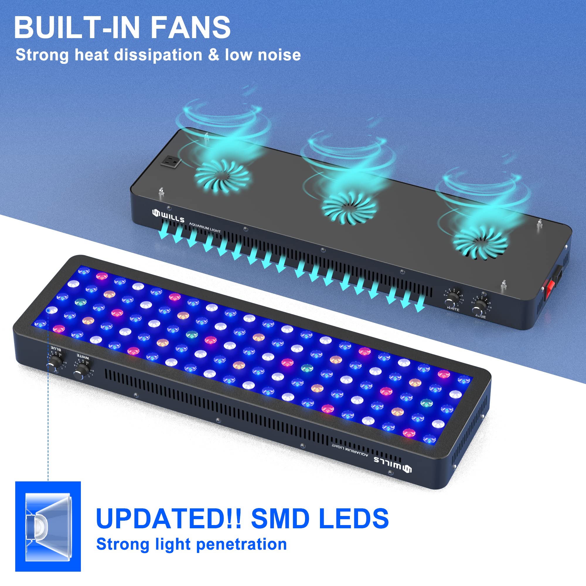 WILLS Full Spectrum Aquarium Light, Reef Lights for Coral with Dual Dimmable Channels, 105 Premium SMD Chips, Daisy Chain Design