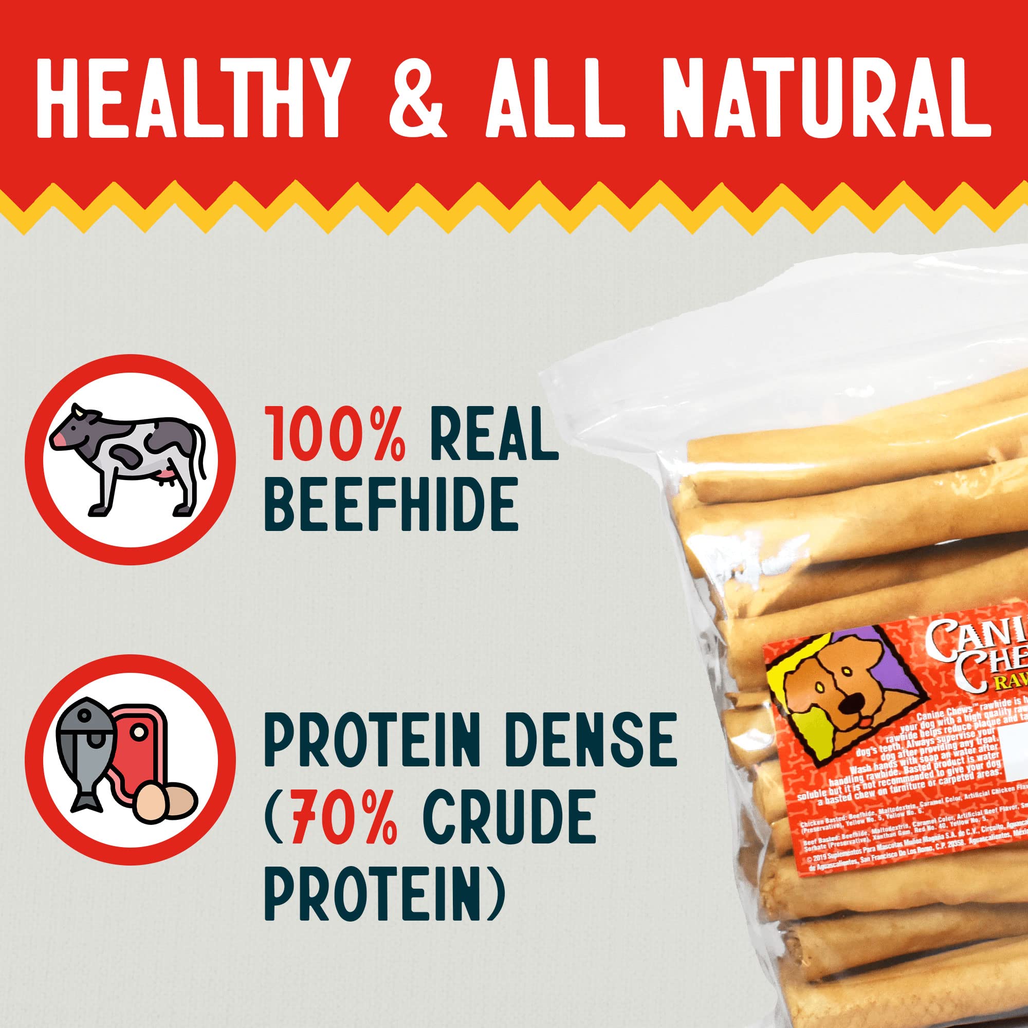Canine Chews 8-9 Chicken Basted Rawhide Retriever Rolls - Pack of 25 Chicken-Flavored Long-Lasting Dog Rawhide Chews - Protein-D