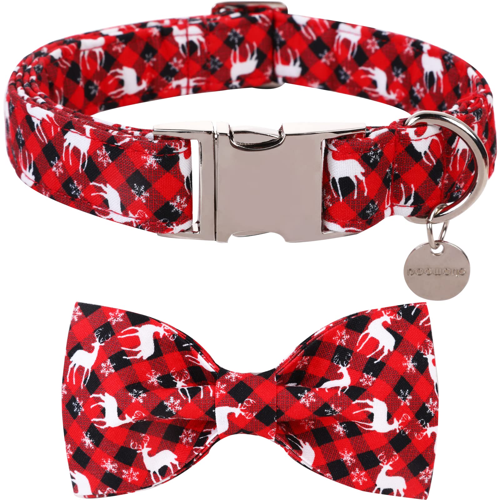 Dogwong Christmas Dog Collar With Bow Tie, Red Plaid Deer Dog Collar Soft Durable Adjustable Cotton Puppy Collar For Small Mediu