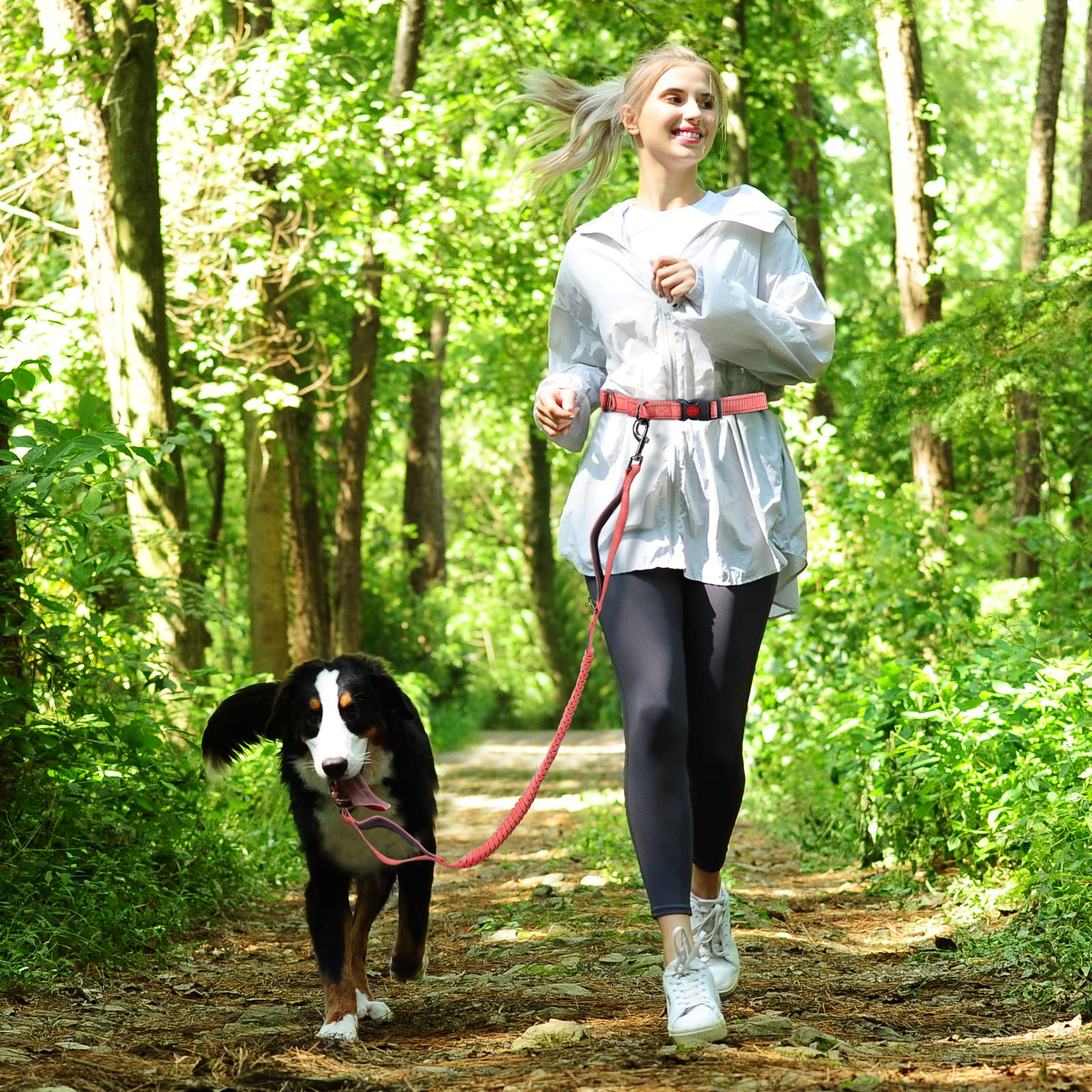 Vivaglory Hands-Free Dog Leash, Shock-Absorbing Bungee, Adjustable Waist (32½"~58"), Reflective, Pink/Grey