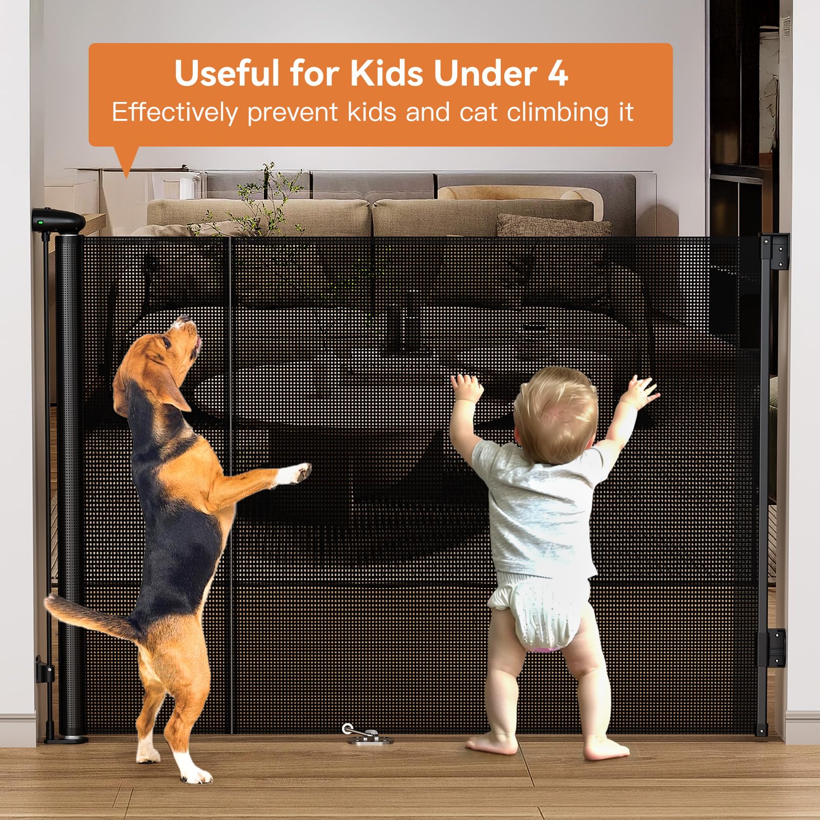 55 Inch Wide Retractable Baby Gate for Stairs, 42 Tall Dog Gate Extra Wide with Child Lock, Length-Adjustable Indoor Mesh Gates