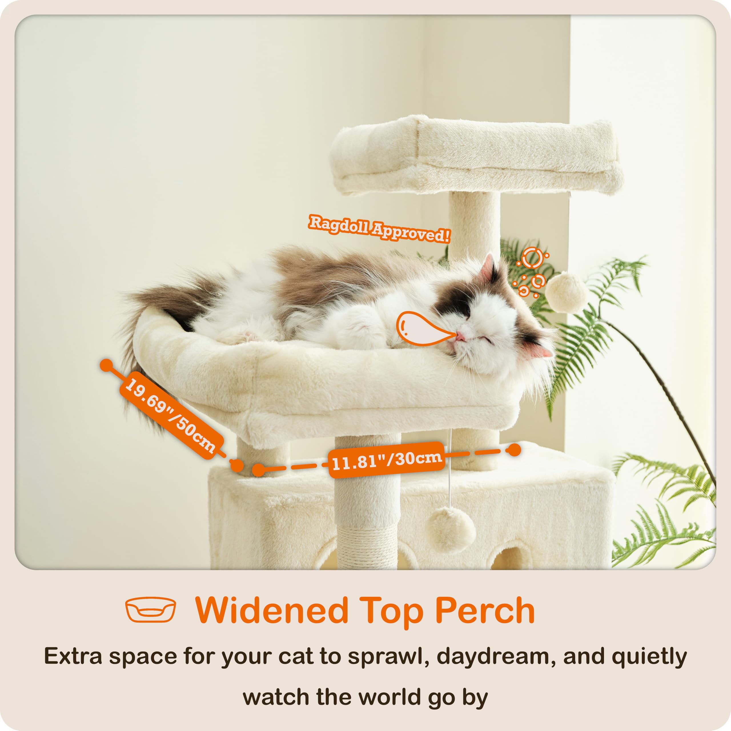 Ouritsu Cat Tree, 61 Inch Tall Cat Tower For Large Cat Indoor, Enlarged Condo, 2 Padded Perches With 1 Widened, Large Hammock, S