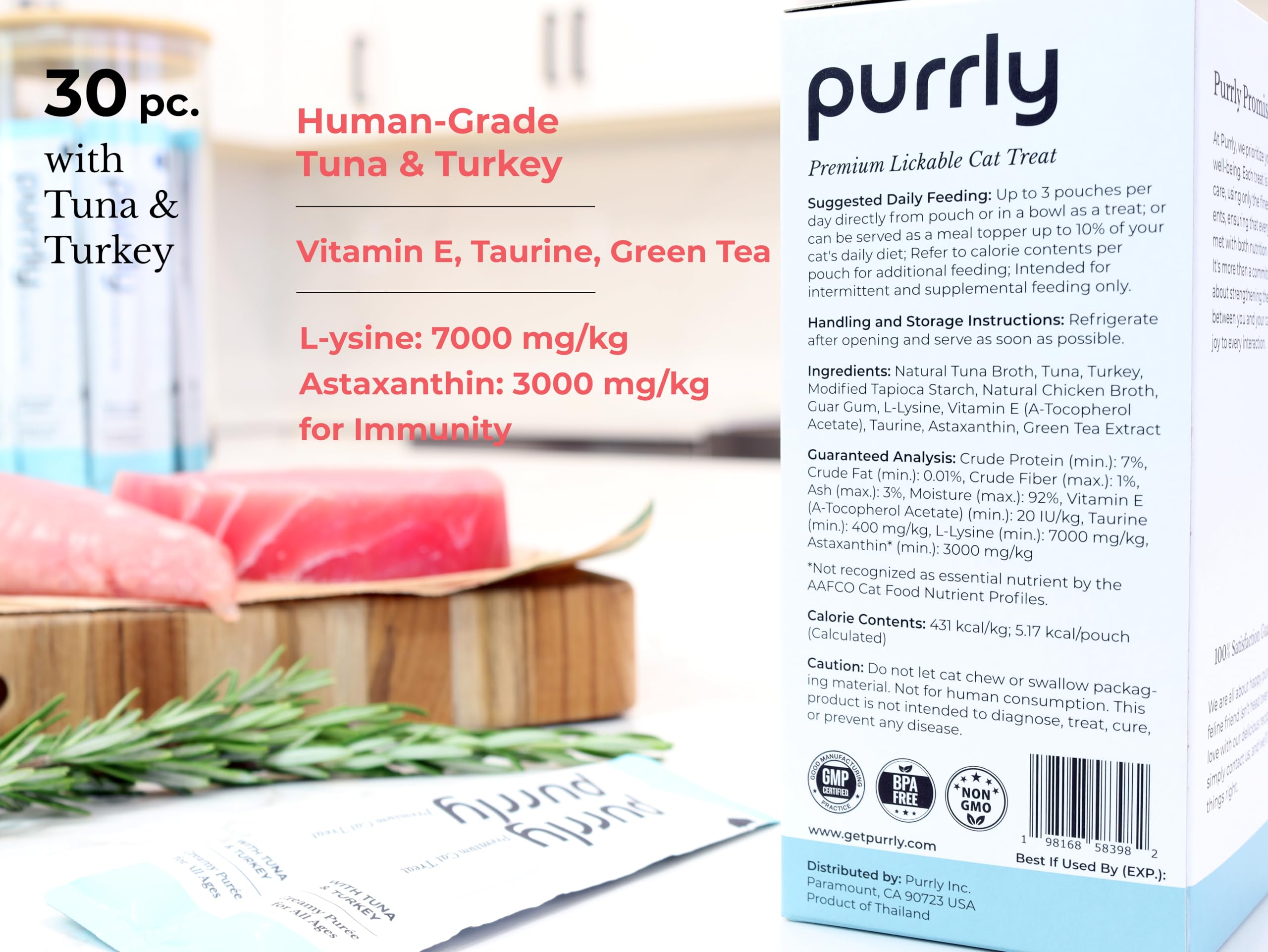 Purrly Lickable Cat Treat Healthy Human-Grade Tuna & Turkey with L-Lysine & Astaxanthin for Immunity (30 Count) Soft Healthy Low