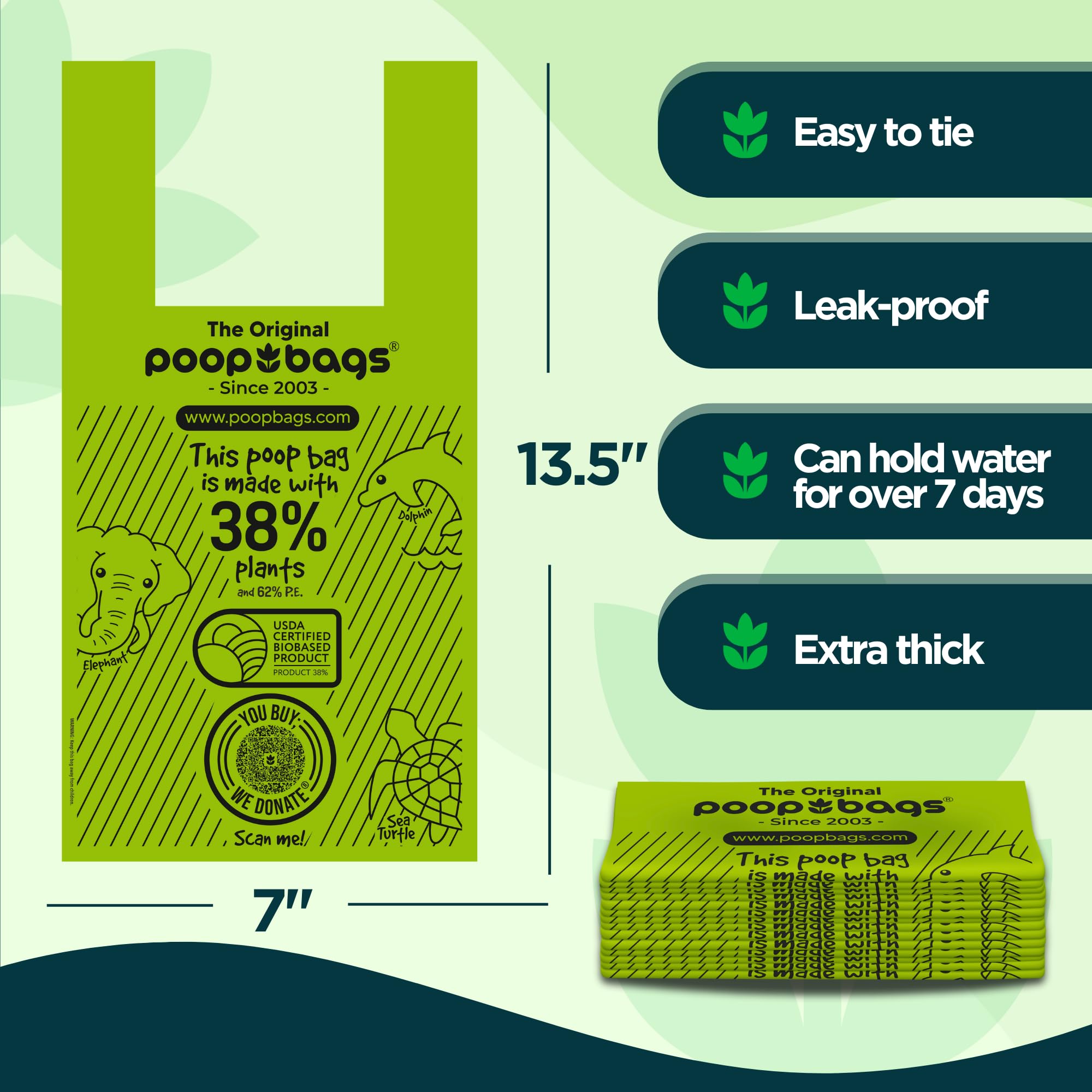 The Original Poop Bags® Dog Bags For Poop, Doggy Poop Bags Refills, Doggy Poop Bags 38% Plant Based Usda, Poop Bags For Dogs, Dog Poo Bags With Handle Tie - Leak Proof & Strong Doggy Bag, Unscented