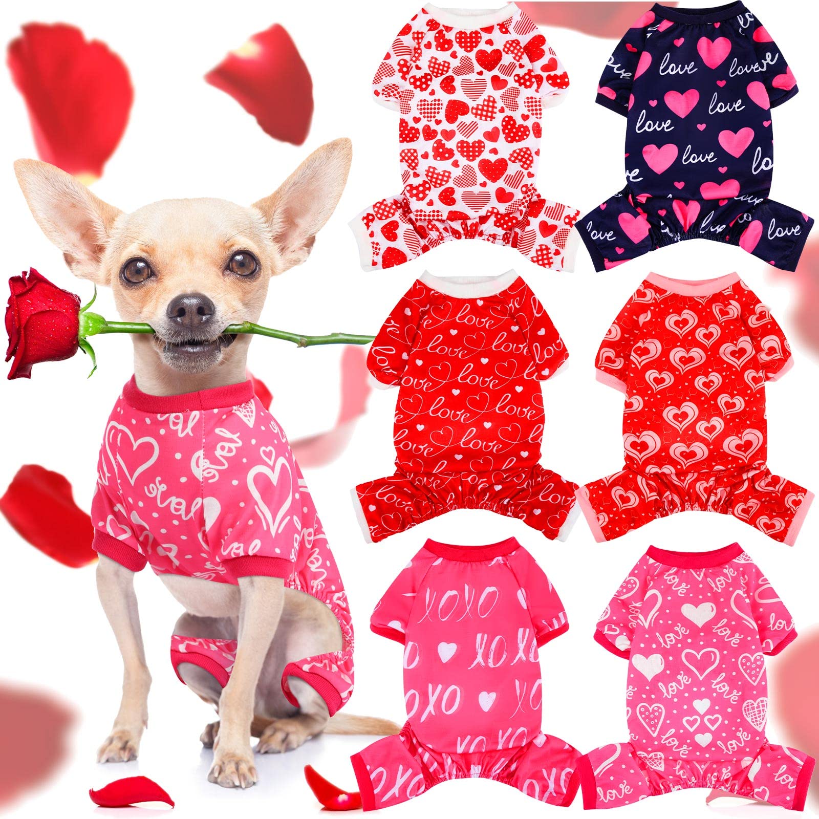 Sanwuta 6 Pack Valentines Dog Pajamas Soft Heart Pattern Dog Clothes Jumpsuit Costumes For Small Medium Large Puppy Cat Valentin