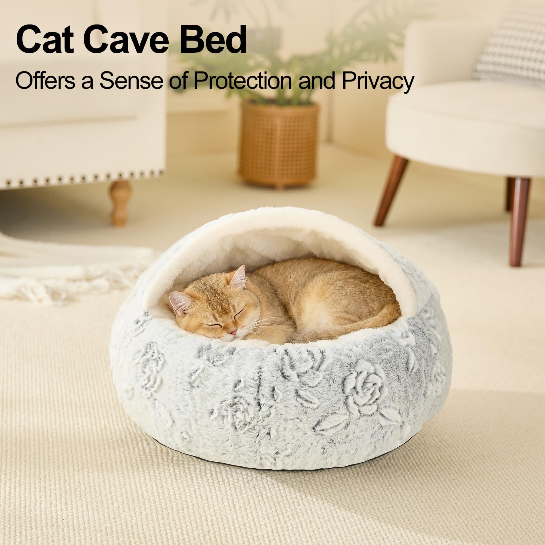 Calming Dog Beds & Cat Cave Bed with Hooded Cover,Removable Washable Round Beds for Small Medium Pets,Anti-Slip Faux Fur Fluffy