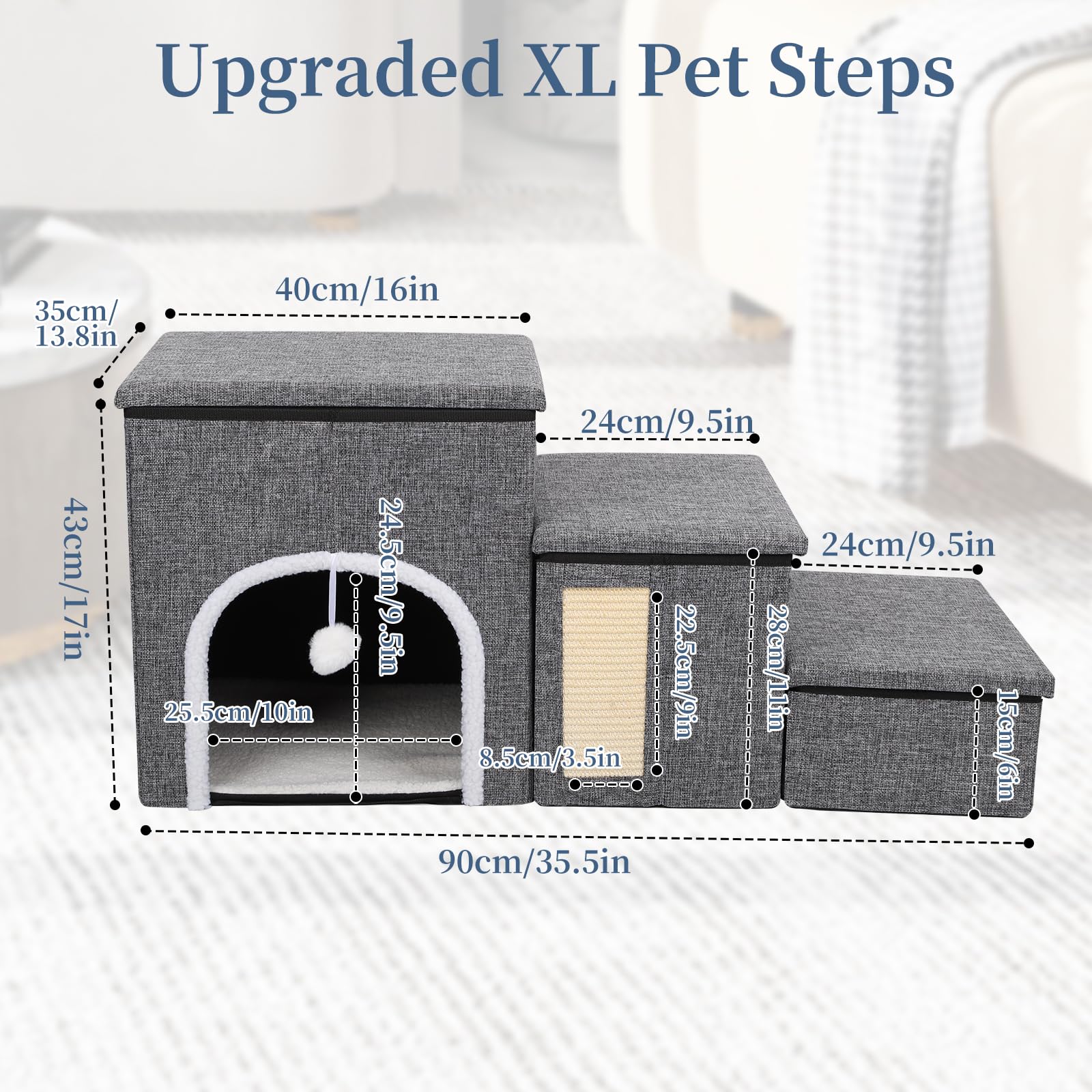 Upgrade Xl Dog Stairs For Bed And Couch, 35.5'L X 13.8'D X 17'H, Foldable Dog Steps With Wider Stairs, Large Condo, Storage S