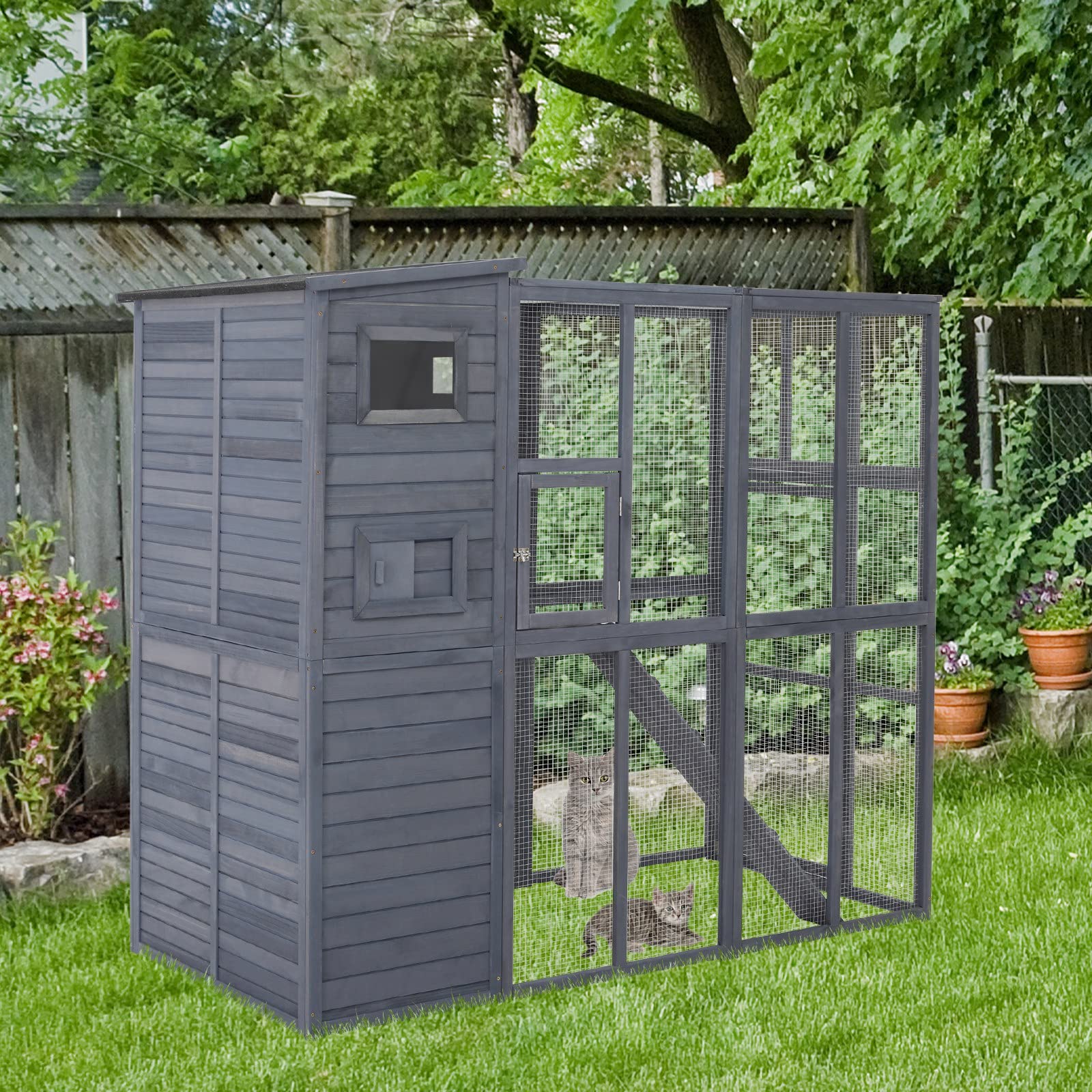 PawHut Large Cat House Outdoor Catio Wooden Feral Cat Shelter, Kitten Enclosure with Door, Cat Condo and Weather Protection Asph