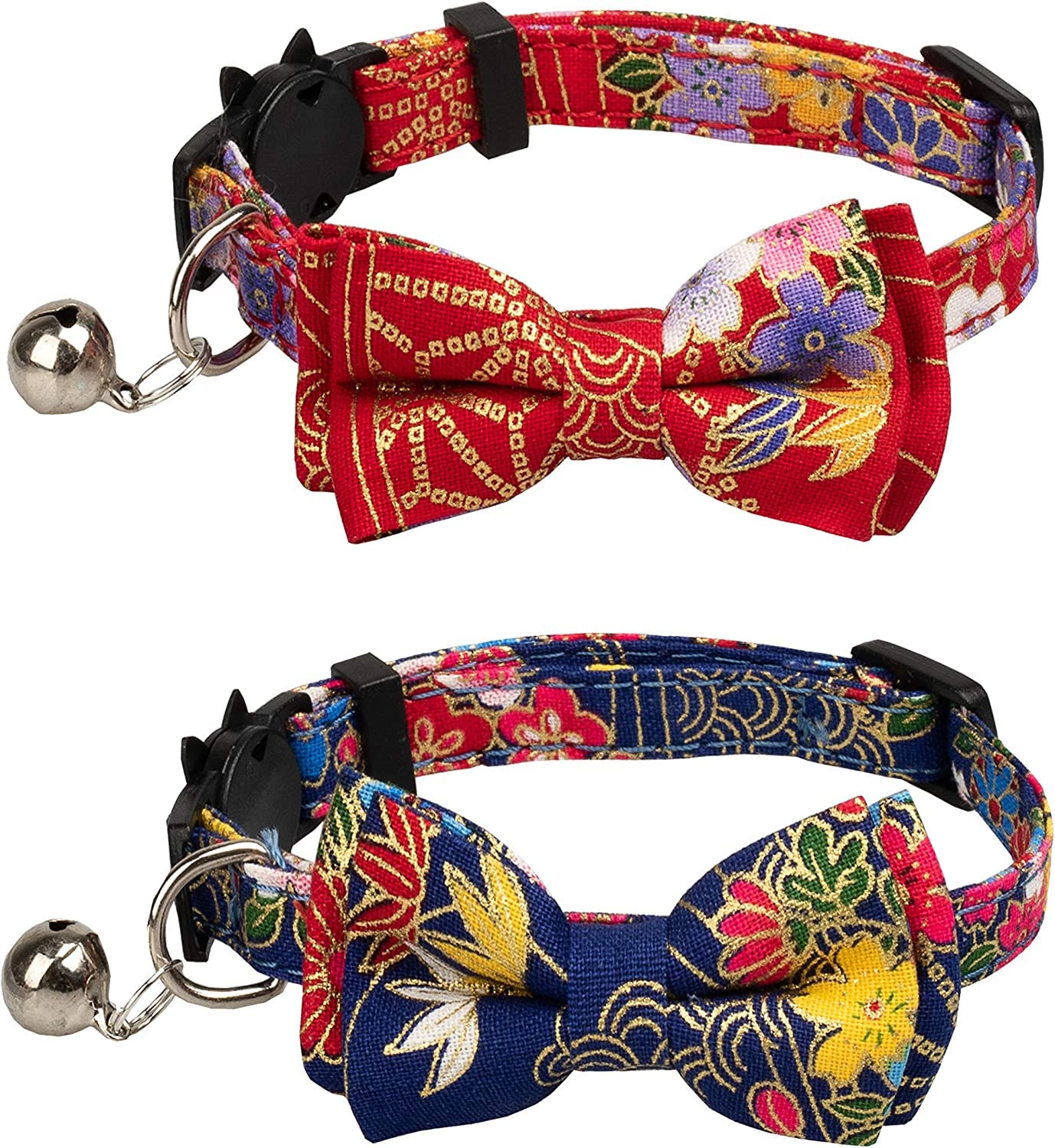 Icicecream Breakaway Cat Collar With Bow Tie And Bell, Japanese Kimono Patterns, Detachable Adjustable Safety Collars For Girl B