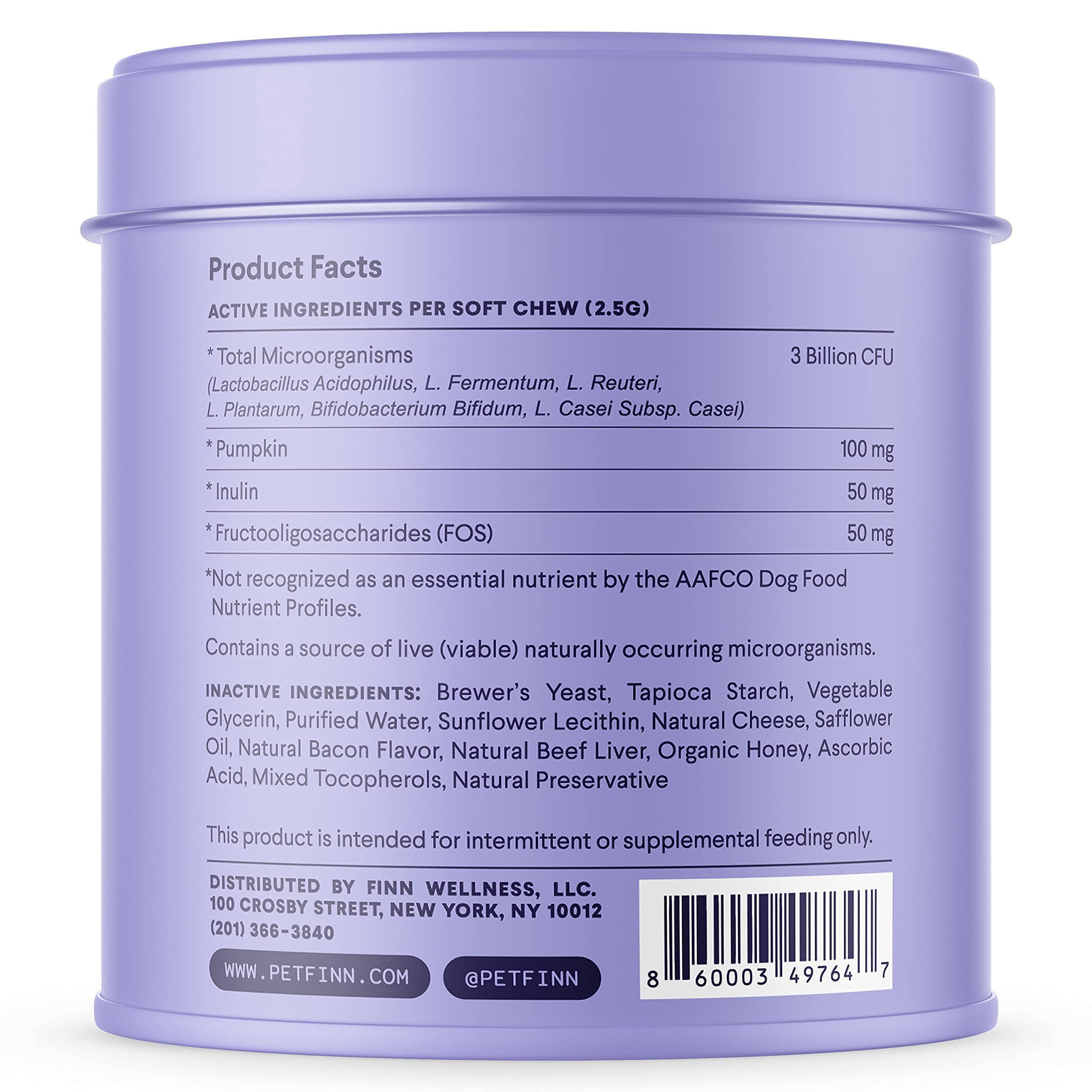 Finn Digestive Probiotics for Dogs - 90 Soft Chews with Pumpkin & Prebiotics - Vet Recommended, Made in USA