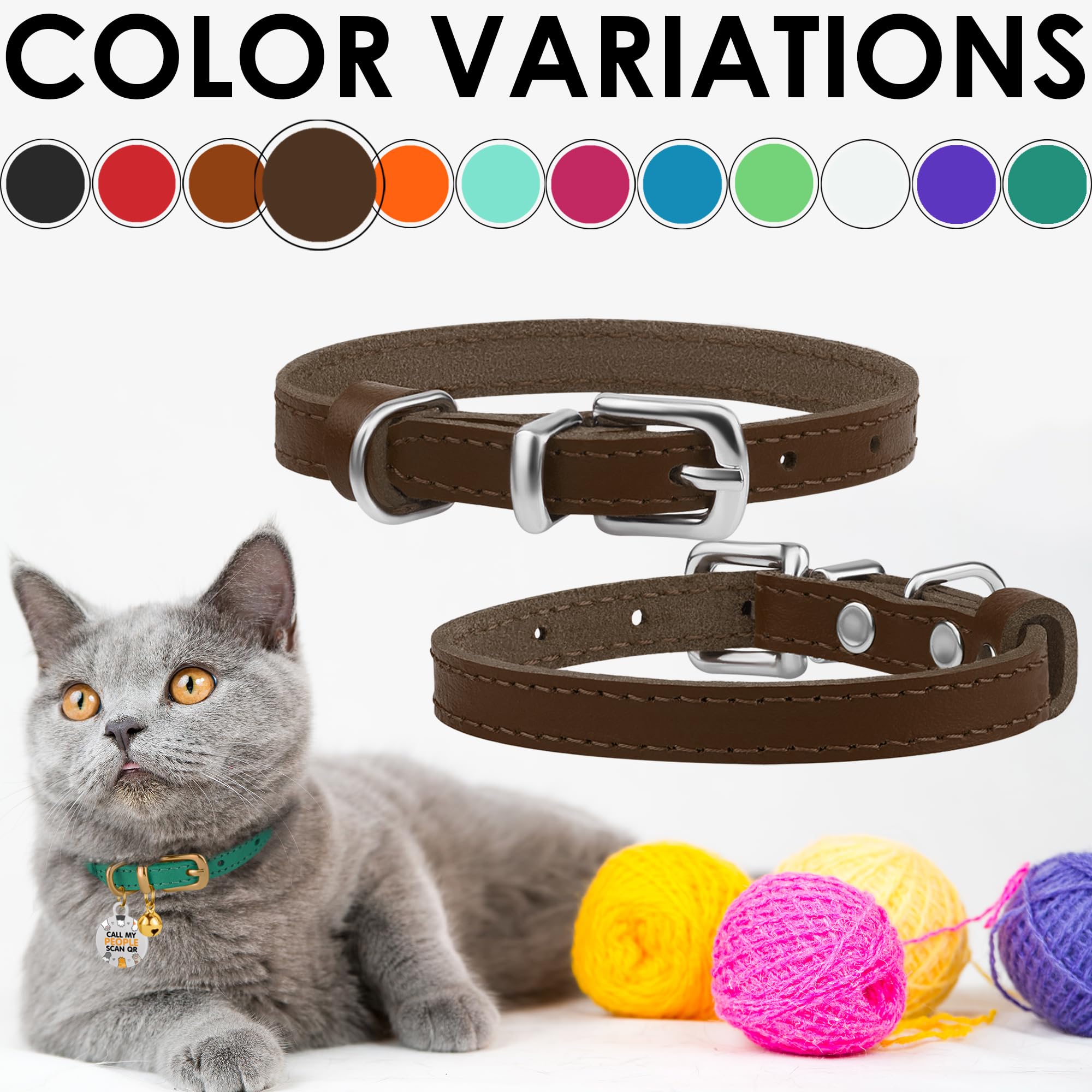Bronzedog Leather Cat Collar With Removable Bells Non Breakaway Kitten Qr Tag For Girl Boy (9' - 12' Cats/Mini Dogs, Brown & Silver)