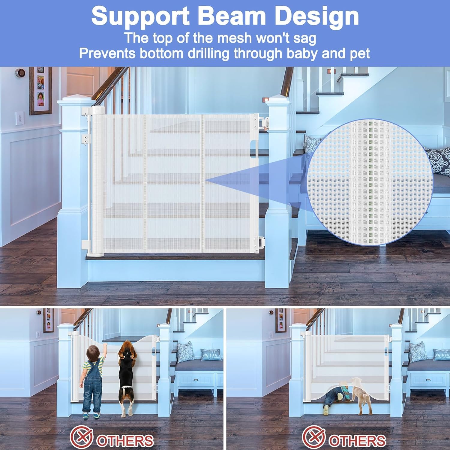 BETERTEK Reinforced Retractable Child Gate for Stairs, 33" x 80", White, Model HY-A127, Extra Wide for Dogs and Toddlers