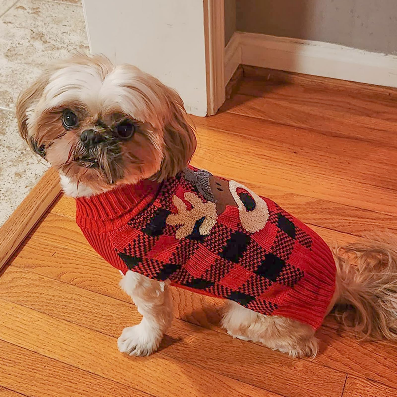 Kyeese Christmas Dogs Sweaters Reindeer Small Dog Sweaters Red Buffalo Check With Leash Hole Pet Sweater Pet Clothes,M