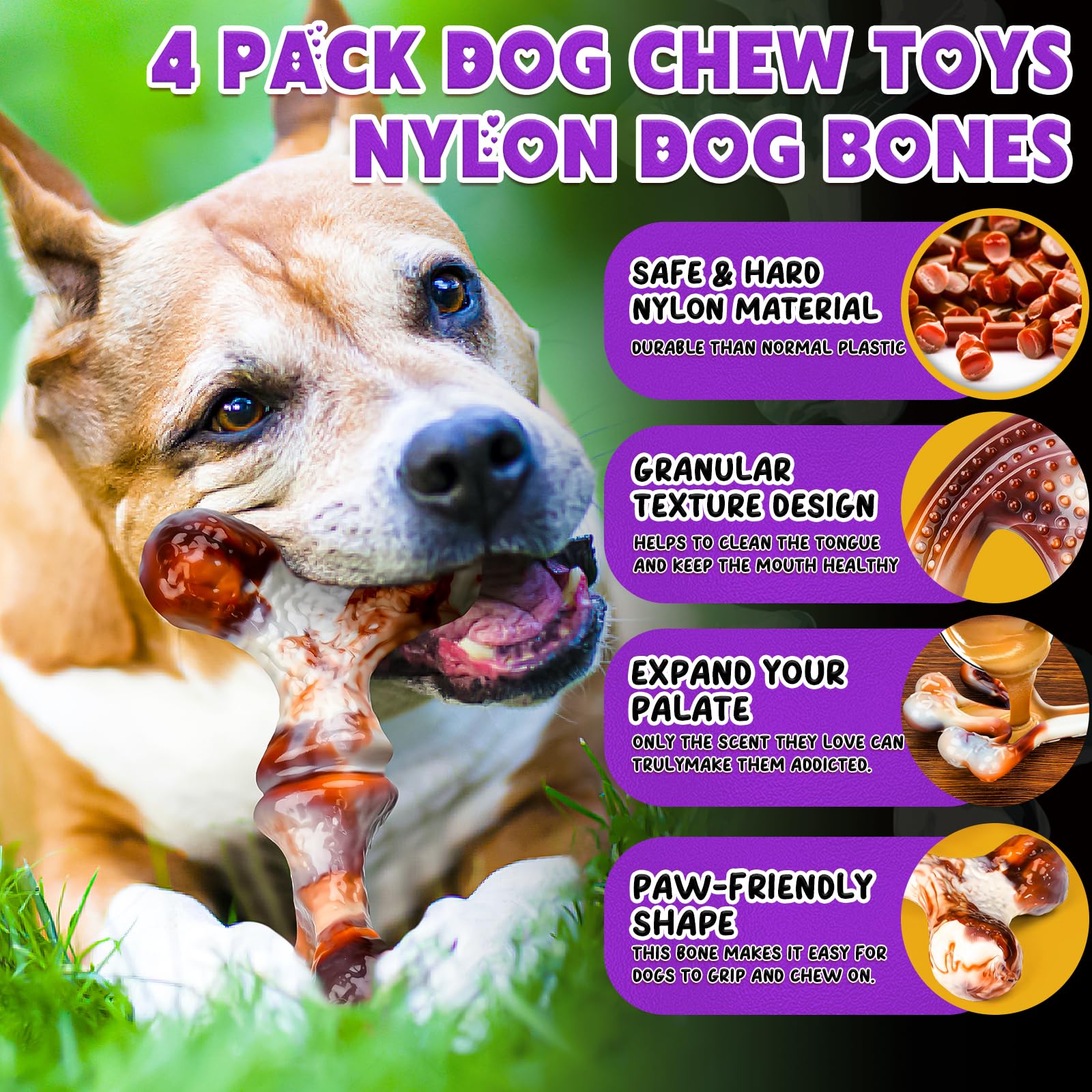 Osord 4 Pack Dog Chew Toys For Aggressive Chewers - Tough Indestructible Dog Toys With Bacon Flavor- Durable Nylon Bones Toy For