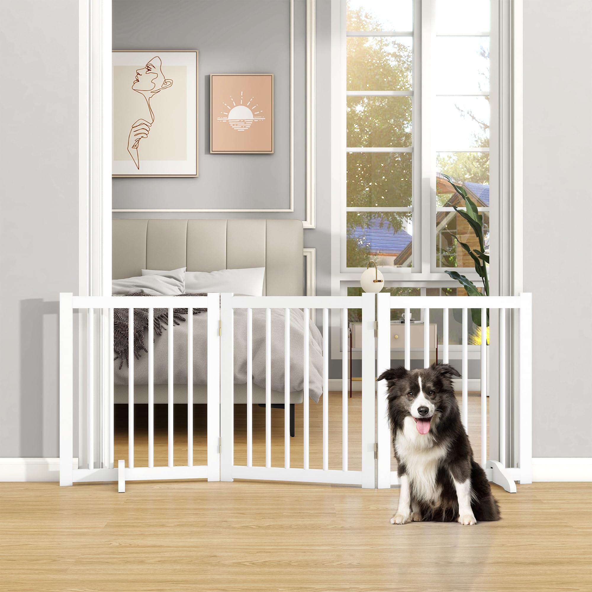 Solid Wood Freestanding Pet Gate - 3 Panels 24 - Folding Safety Fence with 2 Support Feet - Ideal for Stairs, Doorways, Halls, K