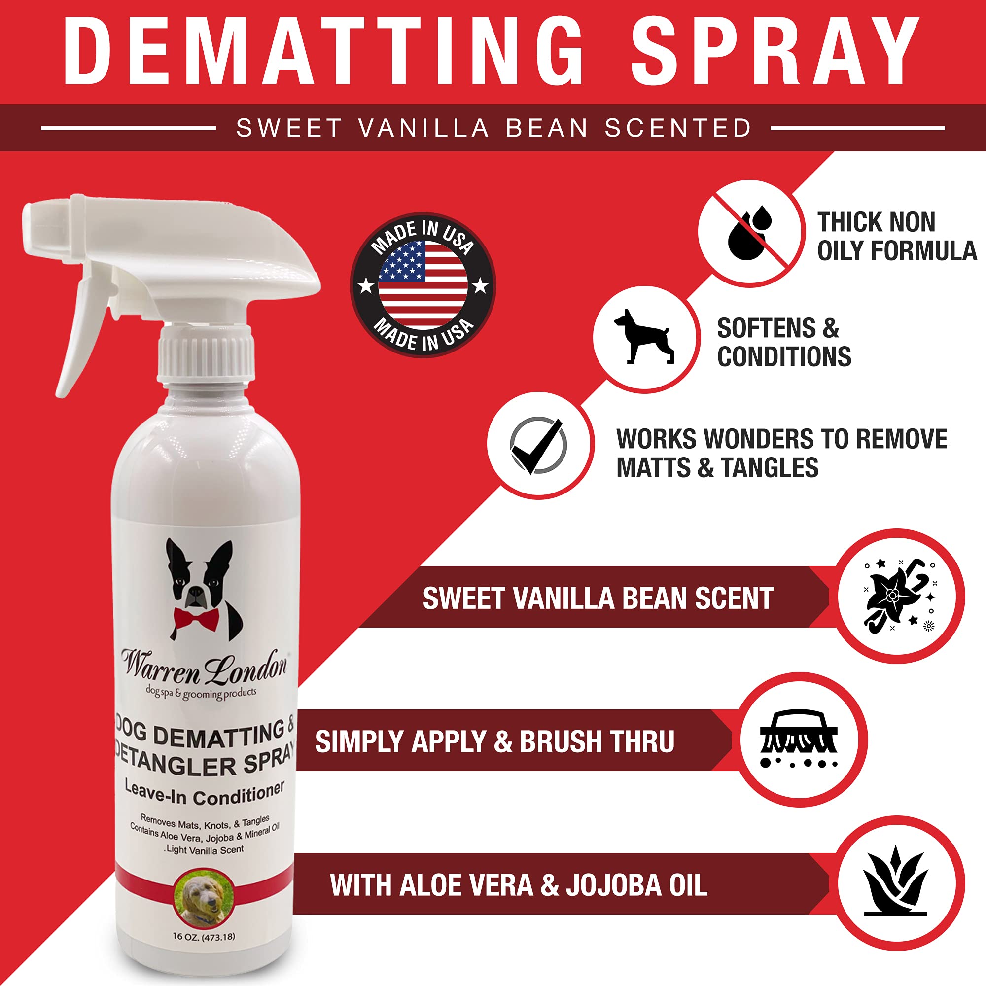 Warren London Dog Dematting And Detangler Spray Bundle With Rake Brush | Groomer Formulated Detangling Spray For Dogs W Aloe Vera & Jojoba Oil | Made In Usa | 16Oz W/Rake Brush