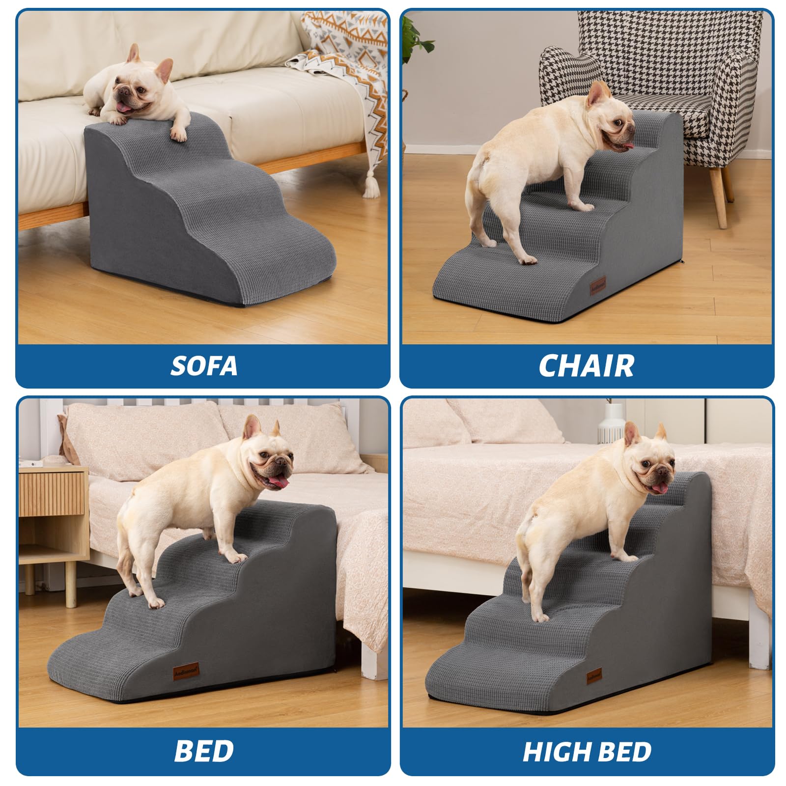 Aodisman 5-Step Dog Stairs and Ramp for High Bed, Non-Slip Sturdy Pet Steps for Small Dogs and Cats,22.2 H,Grey