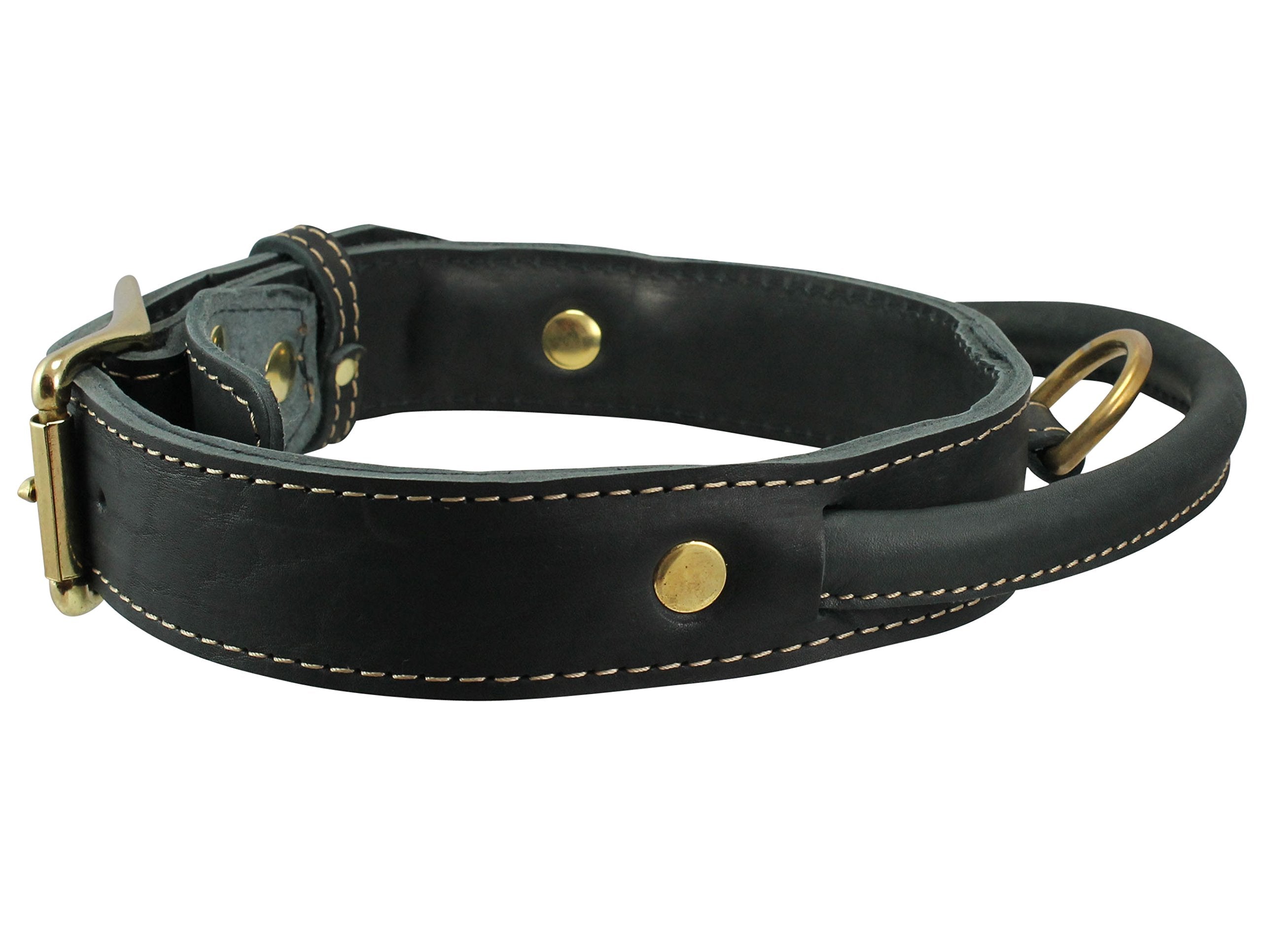 Genuine Leather Dog Collar, Rolled Leather Handle Black (Xlarge: Neck: 20''-23.5'')
