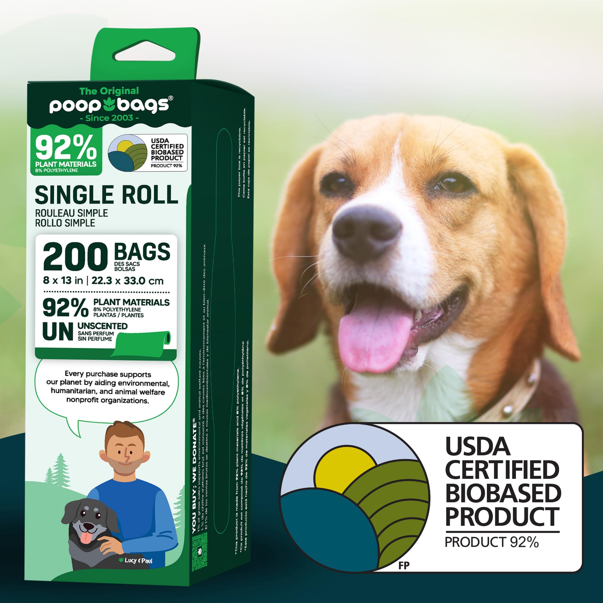 The Original Poop Bags 92% Plant-Based Dog Waste Bags, Leak-Proof & Heavy Duty, Extra Large Doggie Bags, Unscented, 200 Count