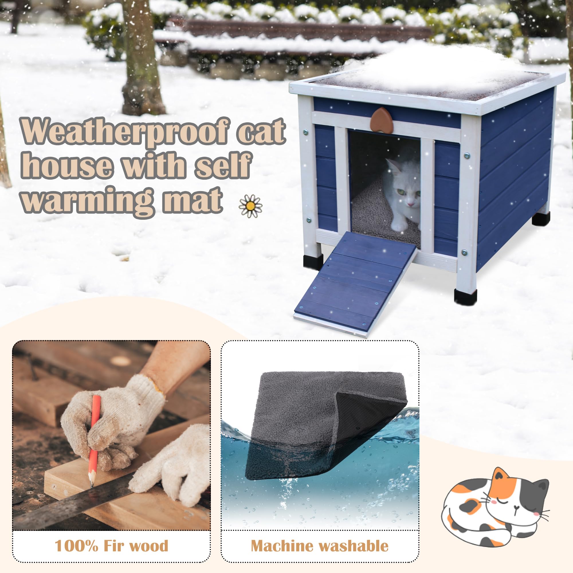 Deblue Outdoor Cat House With Self-Warming Mat, Weatherproof Cat House For Feral Cat, Cat Houses For Outdoor Cats (Blue House Wi