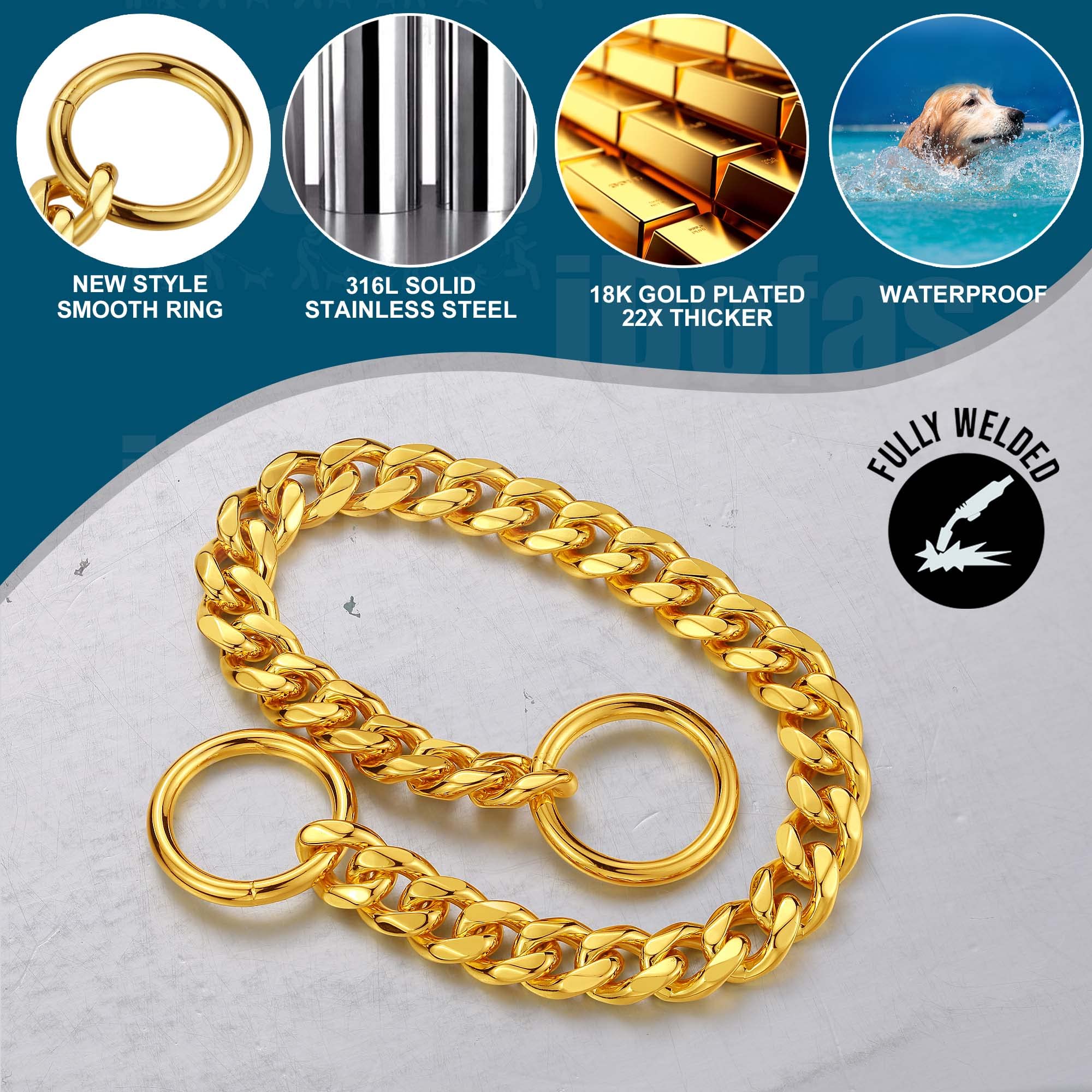 Idofas Gold Dog Collar 10Mm Slip Collar Gold Cuban Link Dog Chain Collars Stainless Steel Heavy Duty Gold Collar For Dogs.(10)