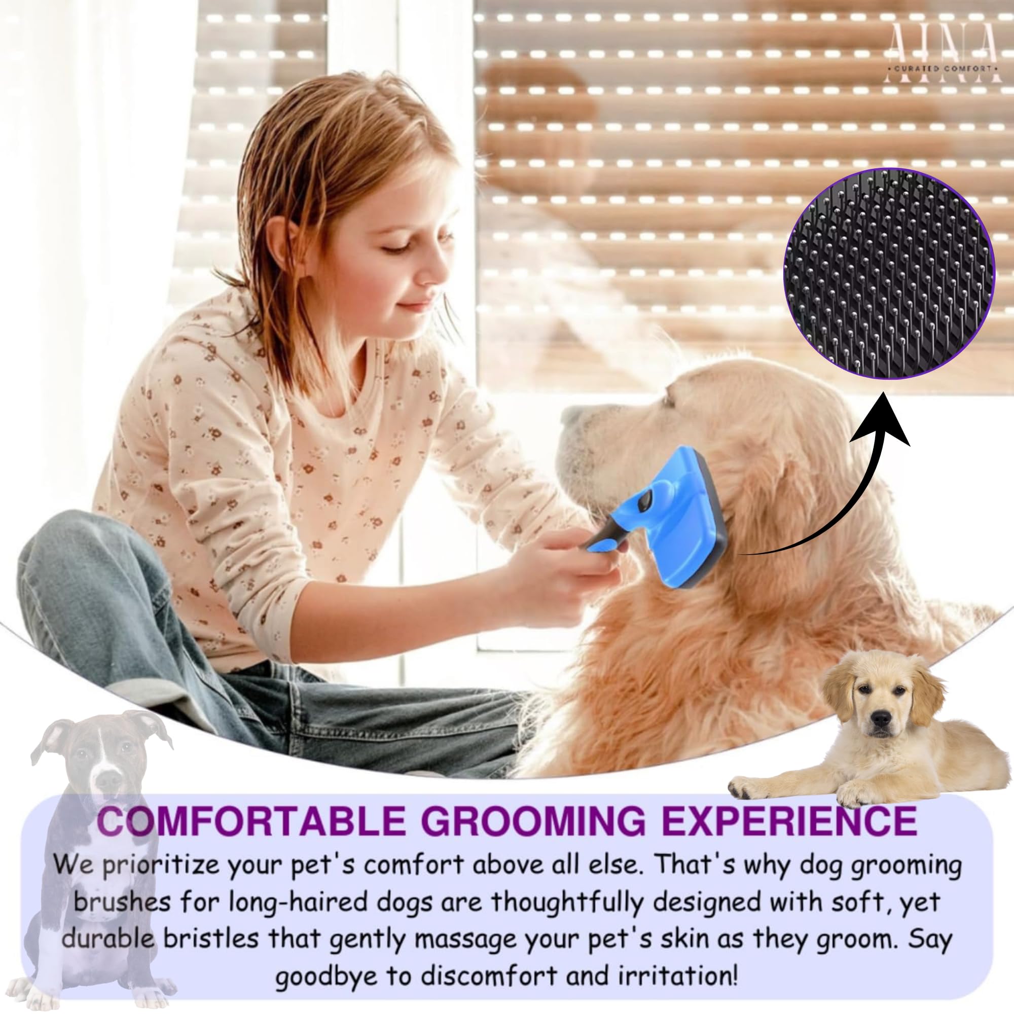 Aina Self-Cleaning Pet Grooming Brush | Pet Slicker Brush For Dogs & Cats Detangling & Fur Removal With Click Clean Button | Eff