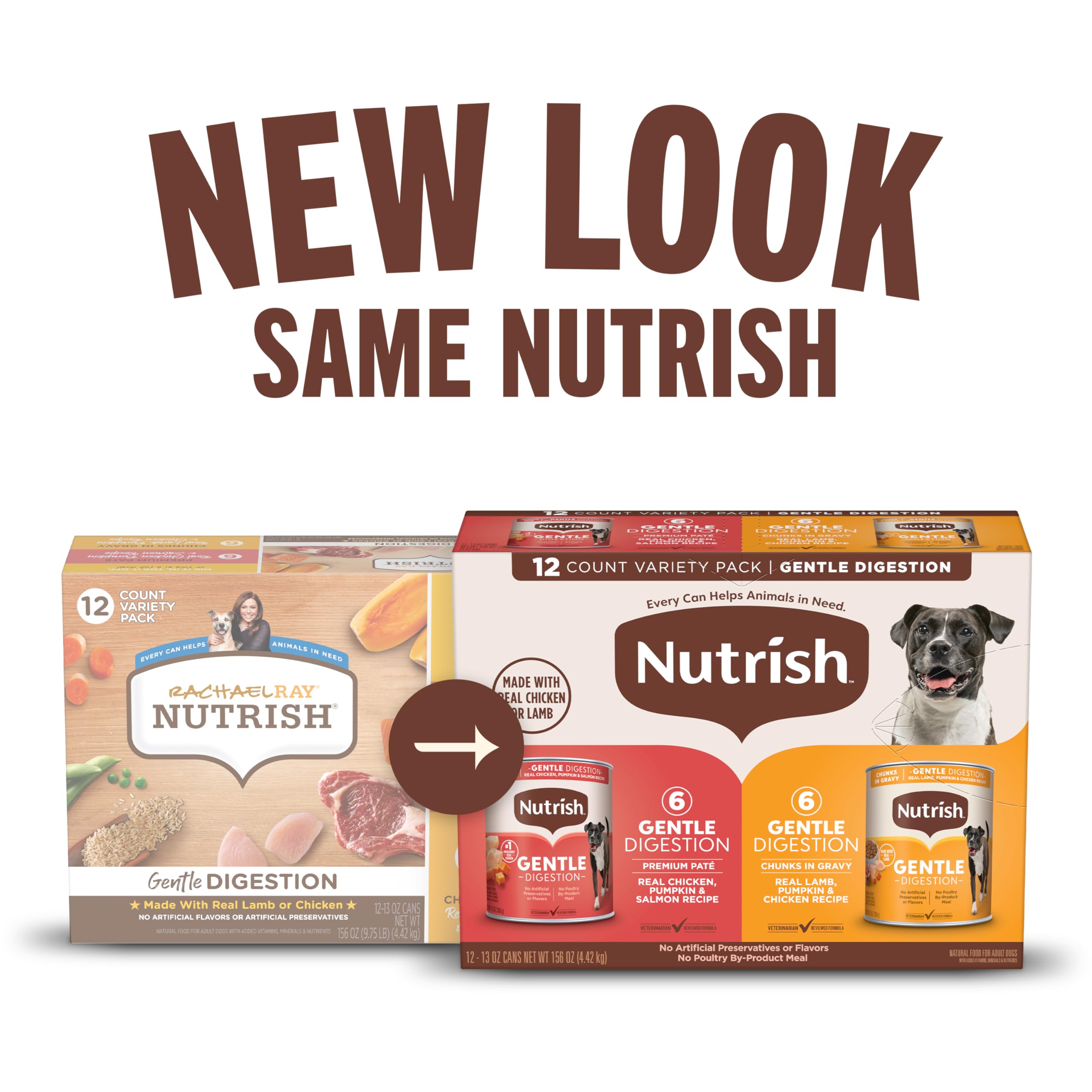 Nutrish Gentle Digestion Premium Pat   and Chunks in Gravy Variety Pack Wet Dog Food, 13 oz. Can, 12 Count (Rachael Ray)
