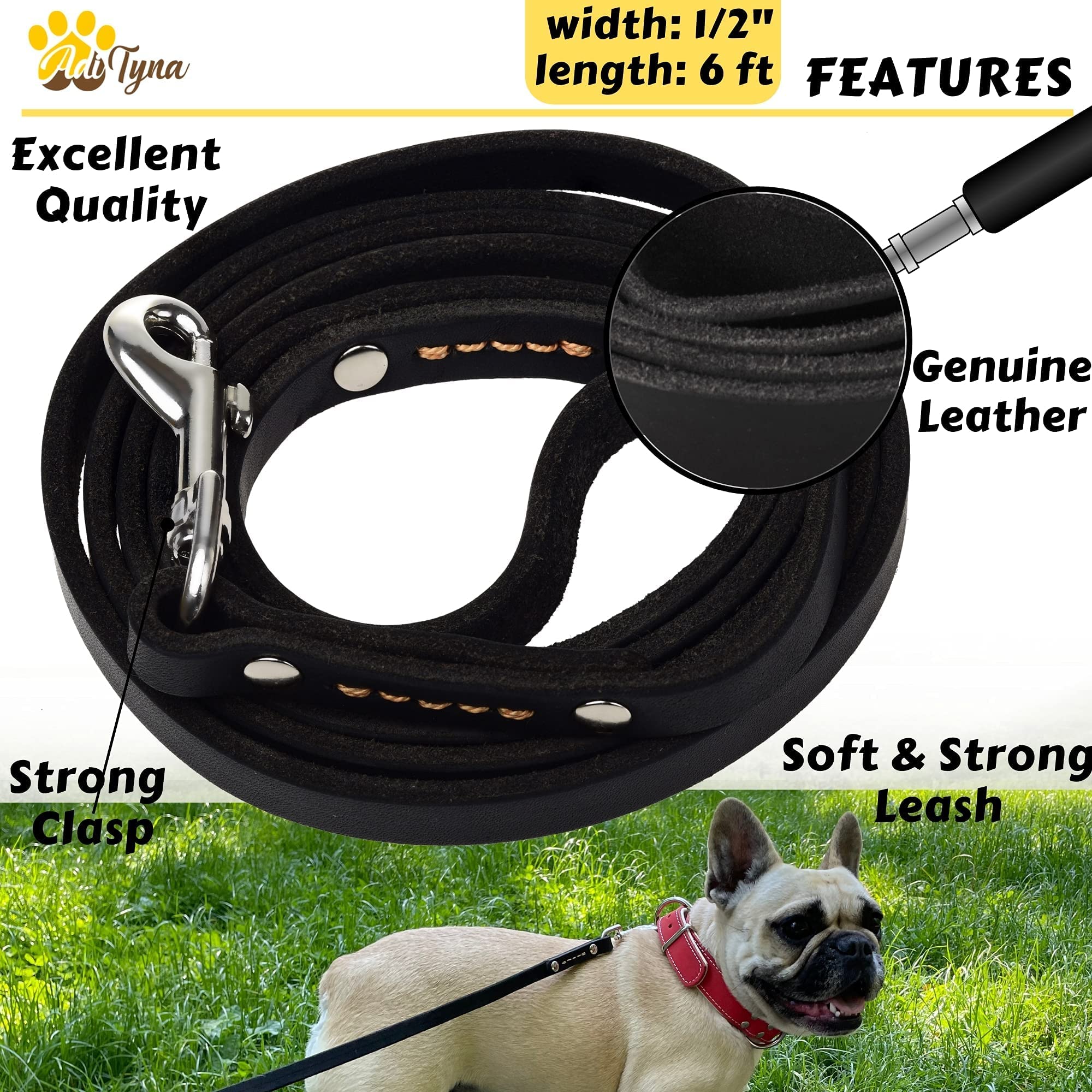Adityna - Premium Leather Dog Leash - 6 Ft, Heavy-Duty, Soft & Strong For Small/Medium Dogs (Small: 6 Ft X 1/2', Black)