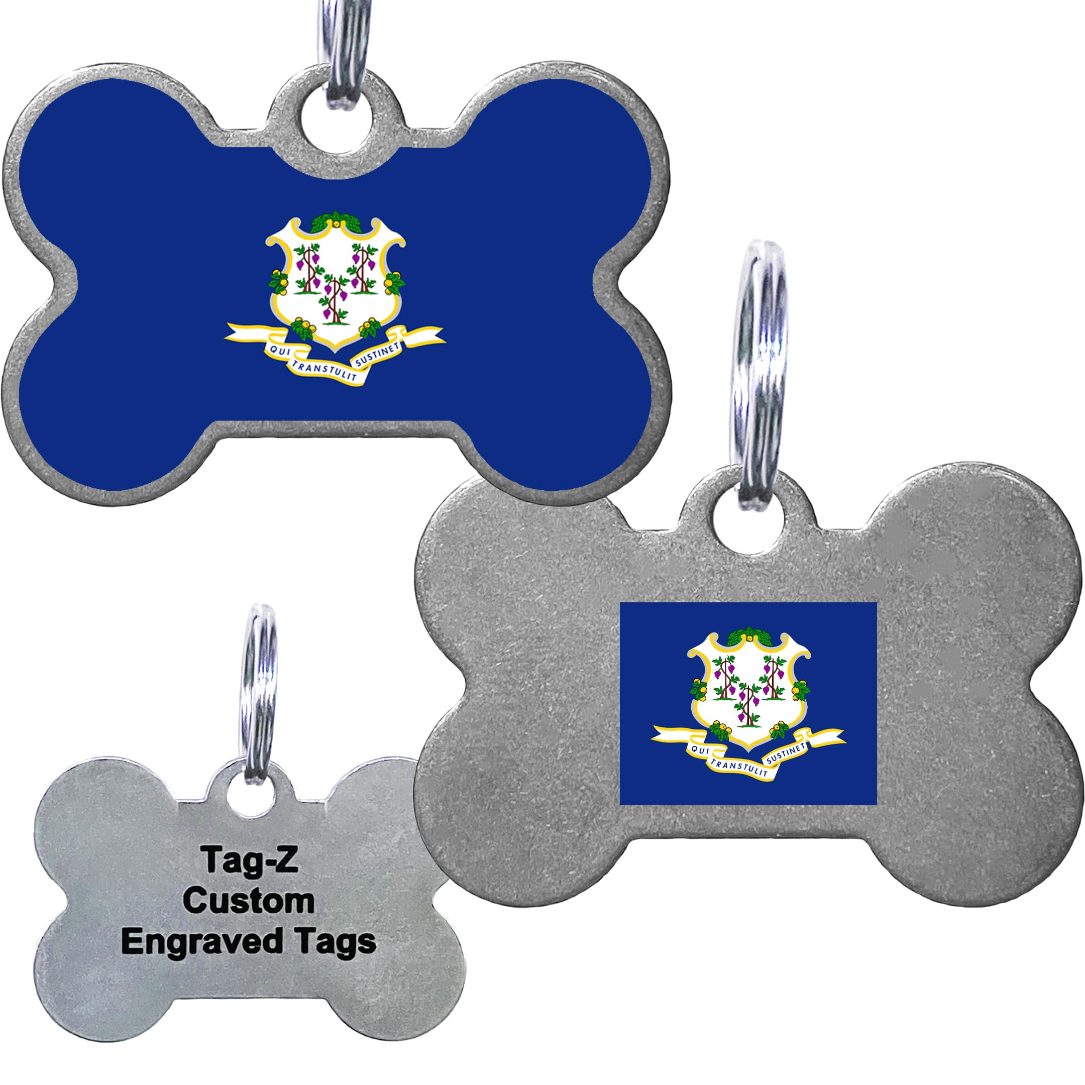 Connecticut Flag Pet Id Tags, Custom Printed And Laser Engraved Bone