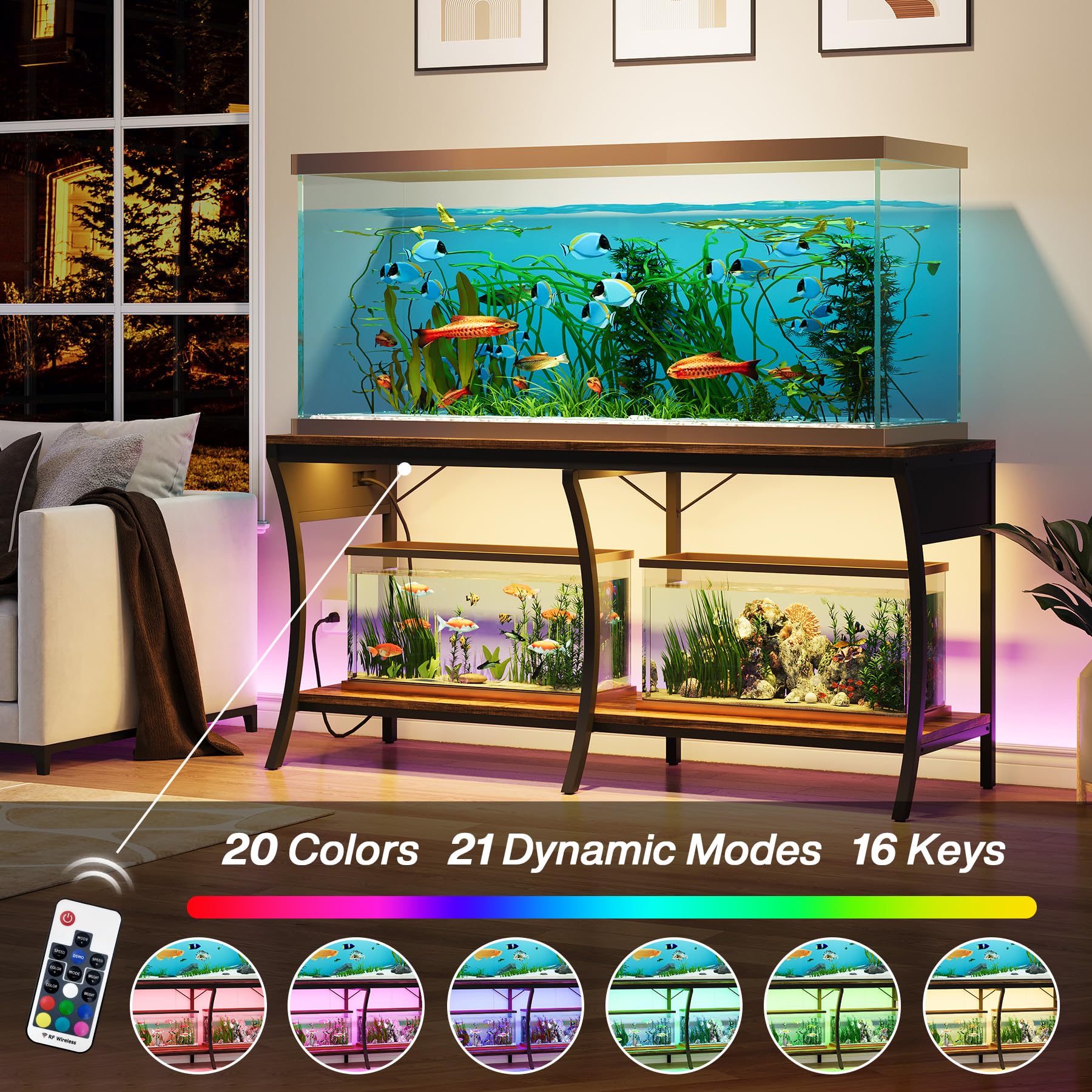 Condemo 55-90 Gallon Fish Tank Stand, 2-Tier Aquarium Stand with LED Light Strip and Power Outlets, Reptile Tank Stand with Meta