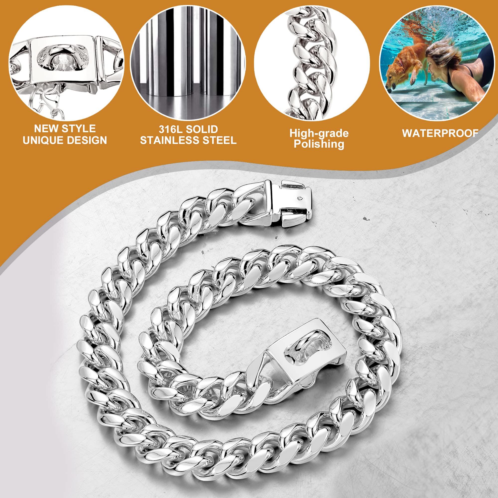 Luxlife Dog Chain Collars Stainless Steel Dog Collar 10Mm Cuban Link Dog Collar Metal Dog Chain With Snap Buckle Dog Tag For Pup