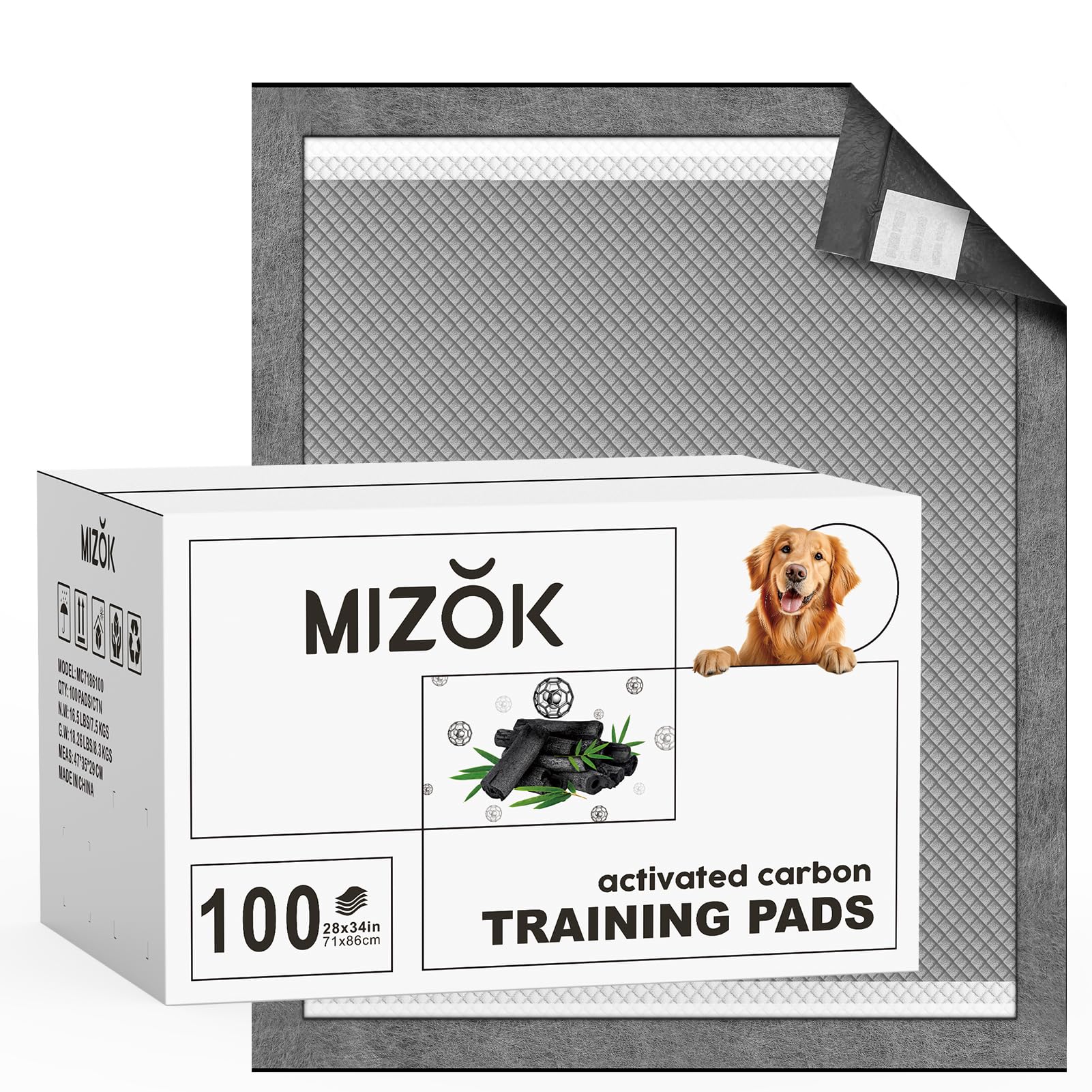 MIZOK Black Charcoal Dog Pee Pads Extra Large 23x24in/28x34in/30x36in/36x36in/28x44in, New & Improved Odor-Control Super Absorpt