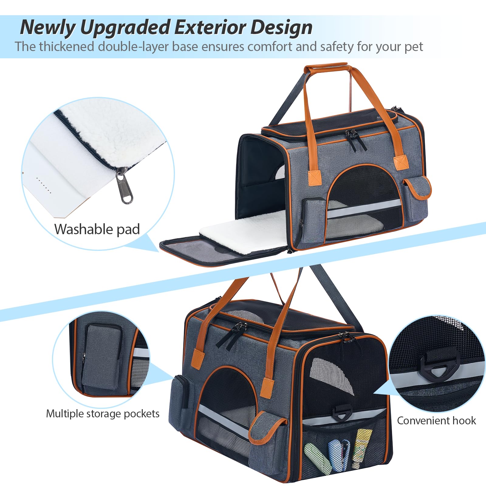 Pesen Cat, Dog Carrier - Fits Pets Up To 18 Lbs, Anti-Collapse Design, Multiple Storage Pockets, Escape-Proof Zippers, Cozy Pad,