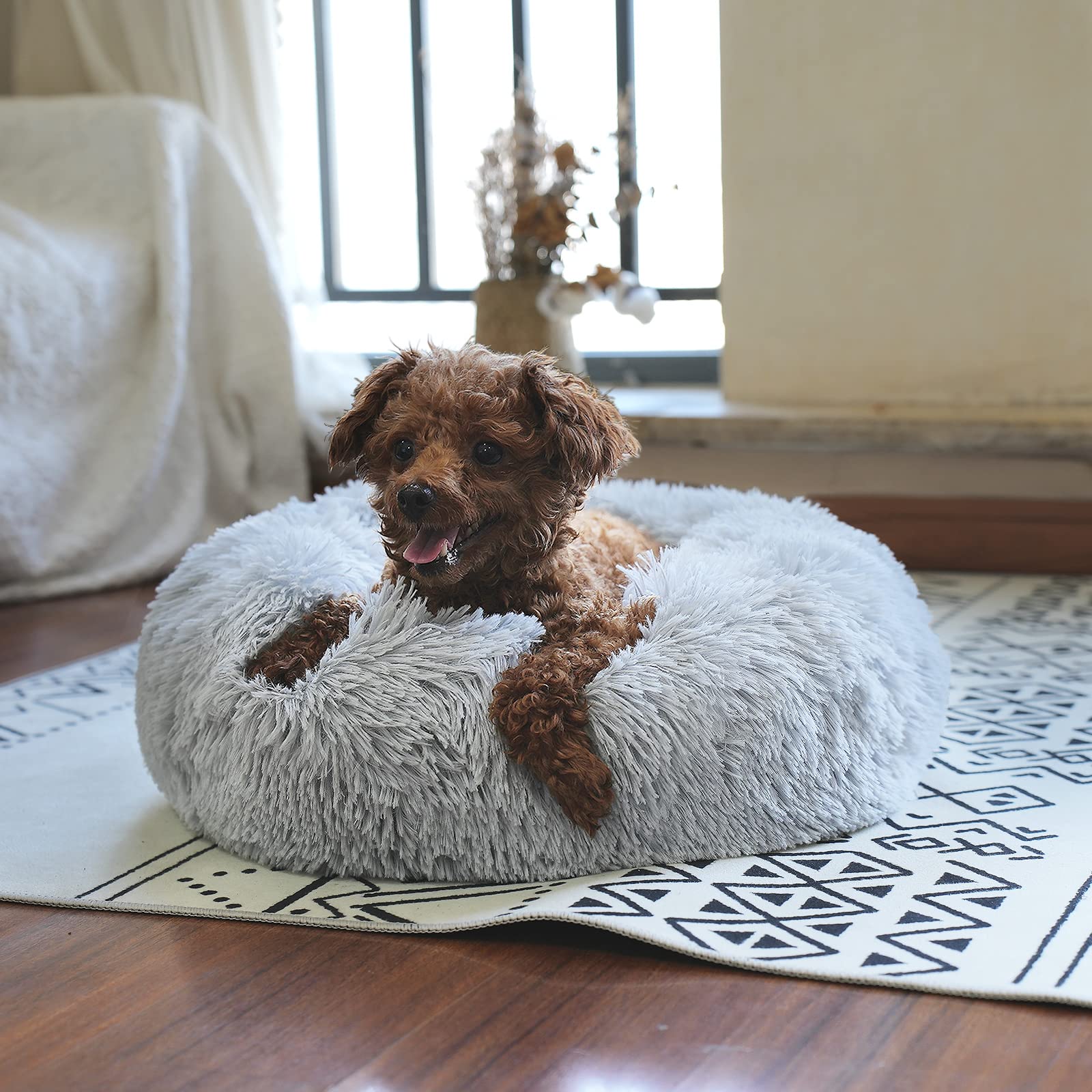 wrkfree Grey Tiny Dog Bed - Fluffy Washable Donut Design, Anti-Slip, XXS (15x15) for Puppies and Small Dogs