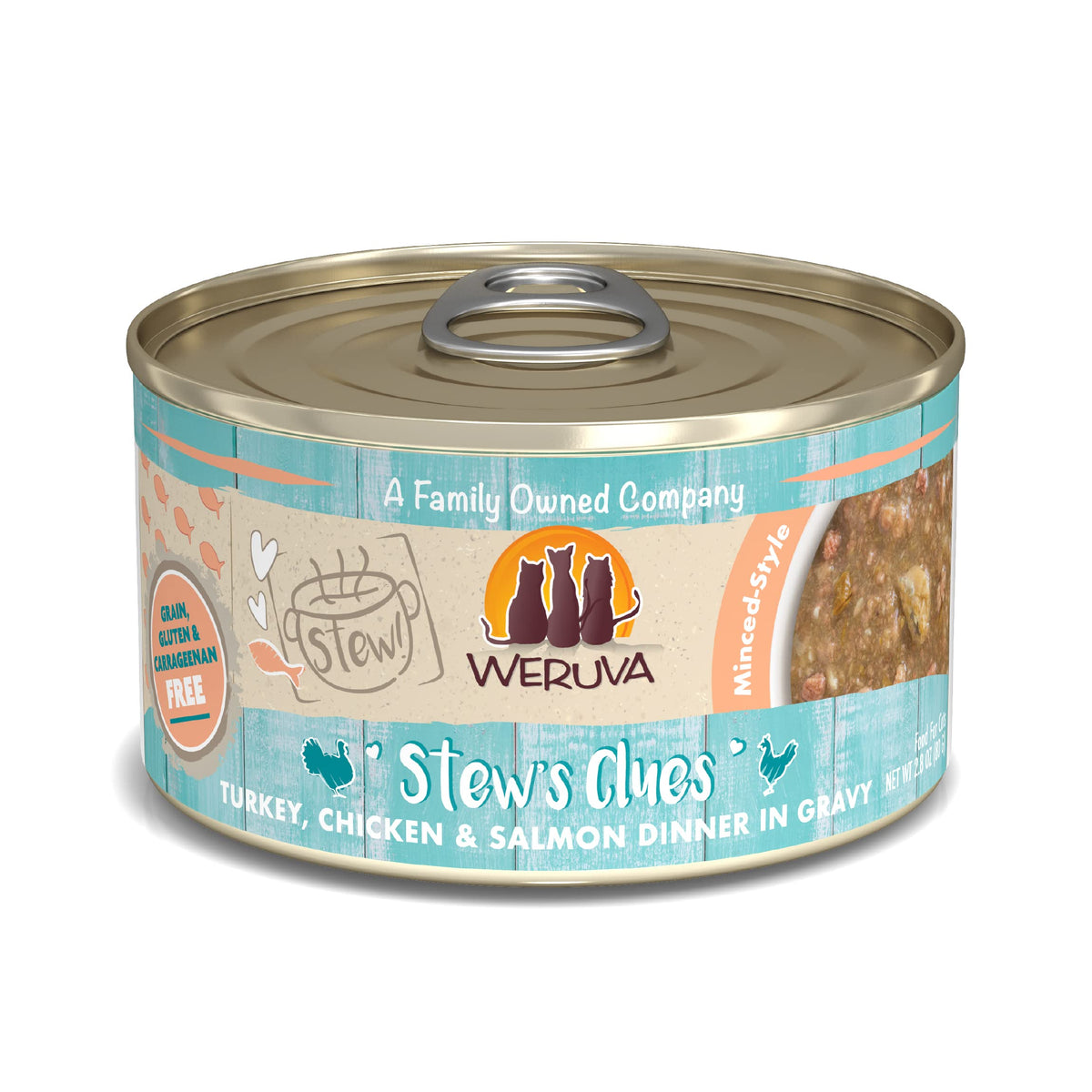 Weruva Classic Cat Stews!, Stew'S Clues With Turkey, Chicken & Salmon In Gravy, 2.8Oz Can (Pack Of 12)