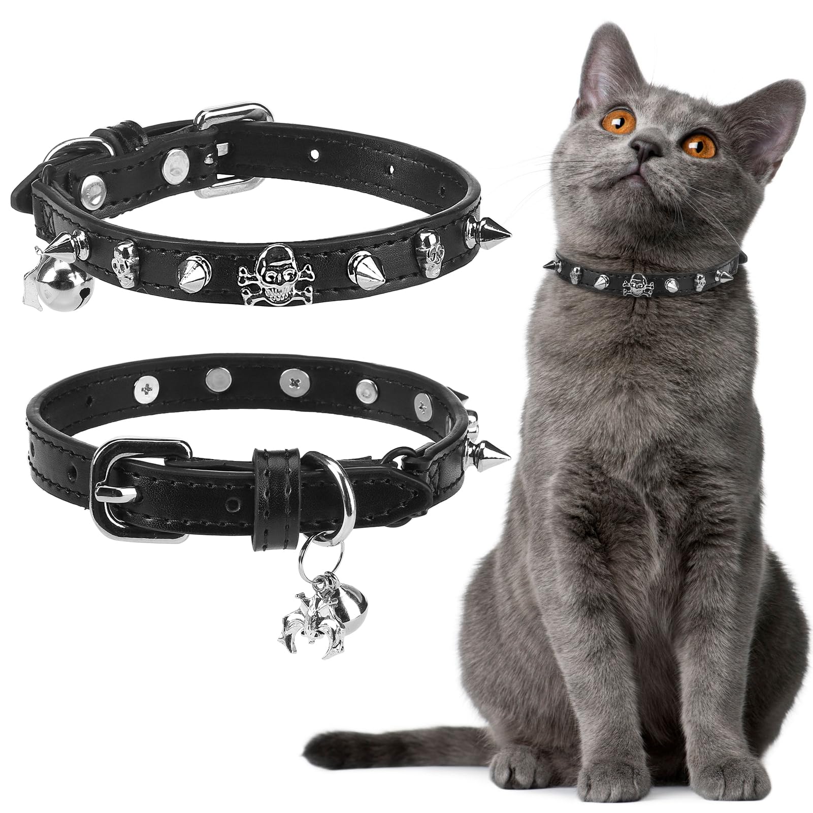 Expawlorer Halloween Leather Cat Collar - Adjustable Pet Collar With Rivet Spike For Girl Boy Cats, Punk Accessories With Bell &
