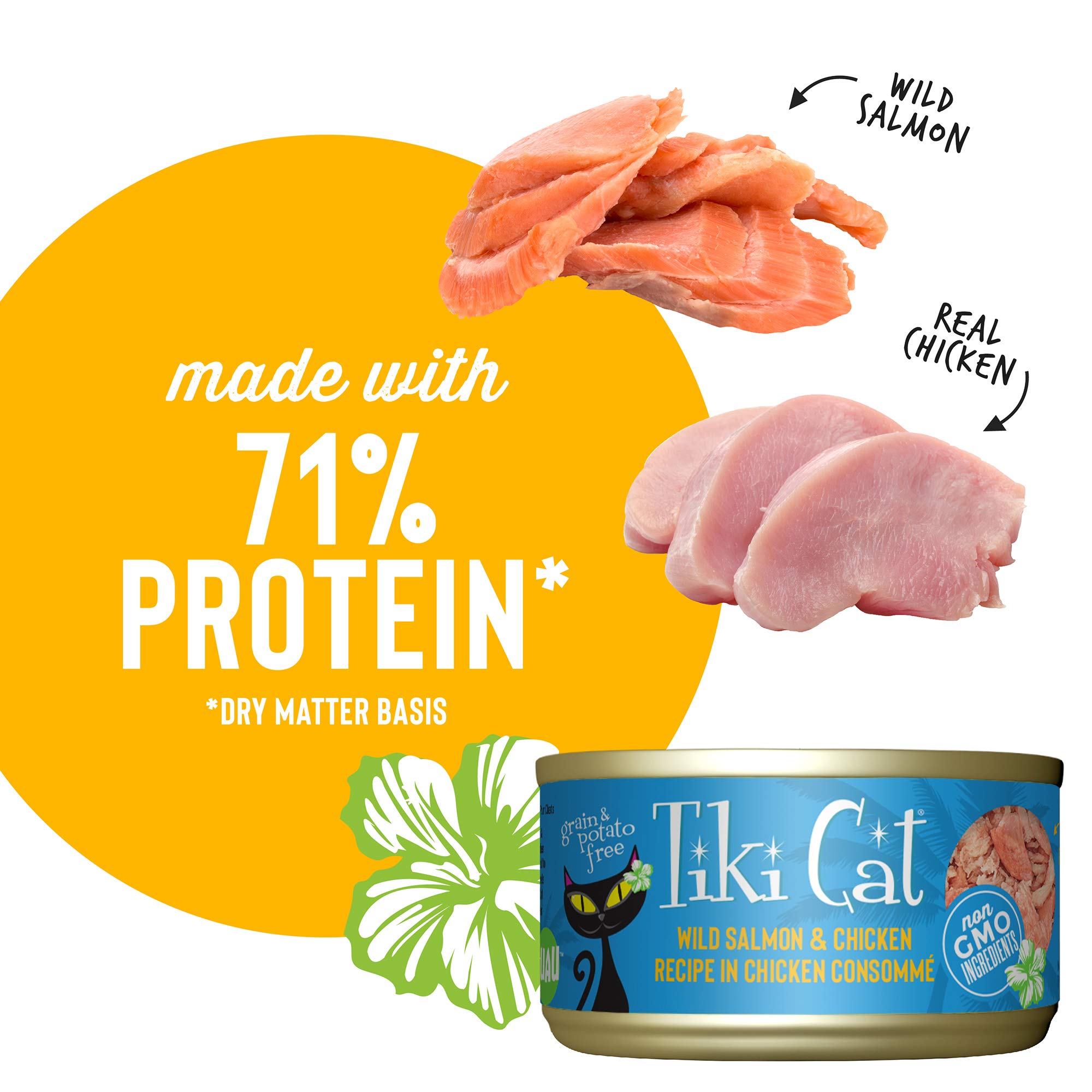 Tiki Cat Luau Shredded Meat, Wild Salmon & Chicken Recipe in Chicken Consumme, Grain-Free Balanced Nutrition Wet Canned Cat Food