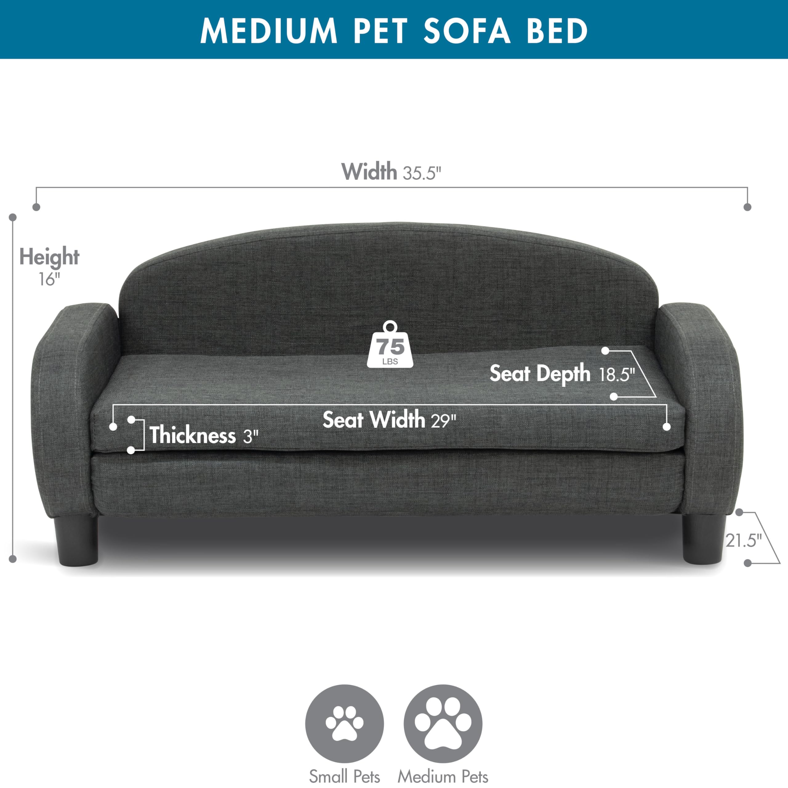 Paws & Purrs Modern Pet Sofa 35.5'' Wide For Medium Dog Or Cat With Removable/Washable Mattress Cover, Dark Gray