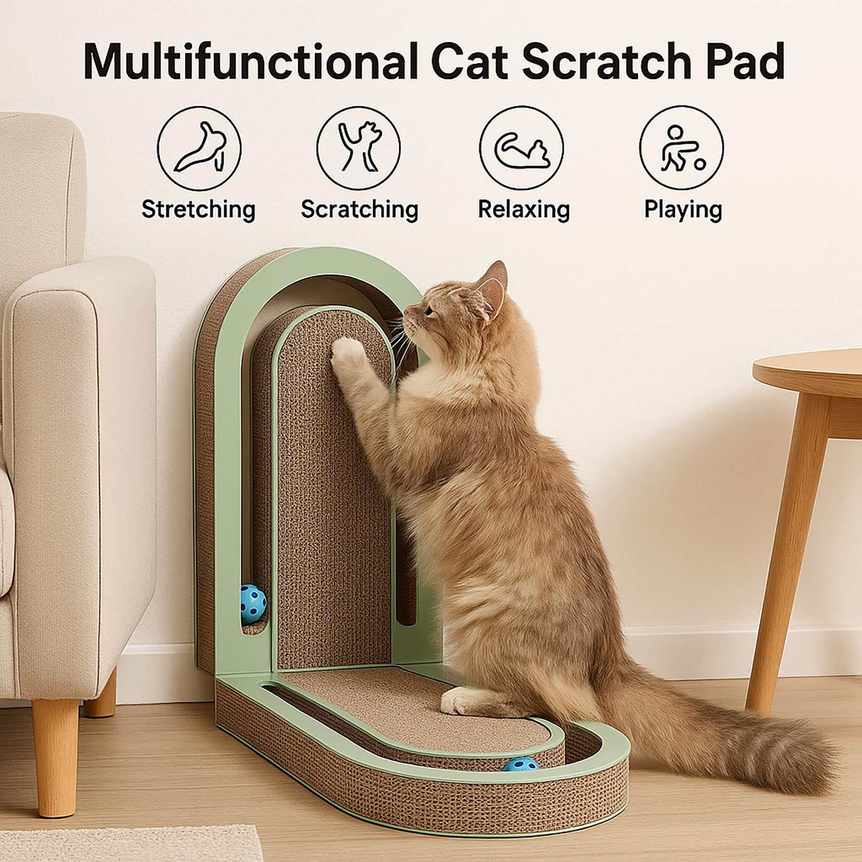 Leqos Extra Long 26'' Folding Cat Scratch Pad With Chasing Bells Double Sided Interactive Cardboard Cat Scratcher Cat Scratching