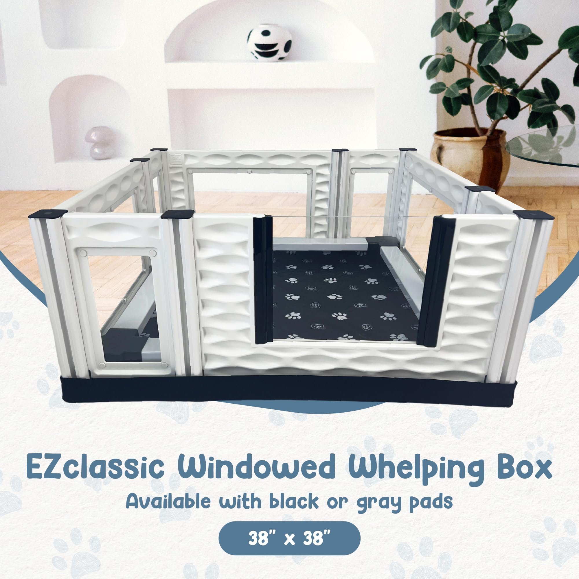 Ezwhelp Ezclassic 38''X38''X18'' Whelping Box With Rails And Windowed Walls, Padded Dog Whelping Box, Gray Pad